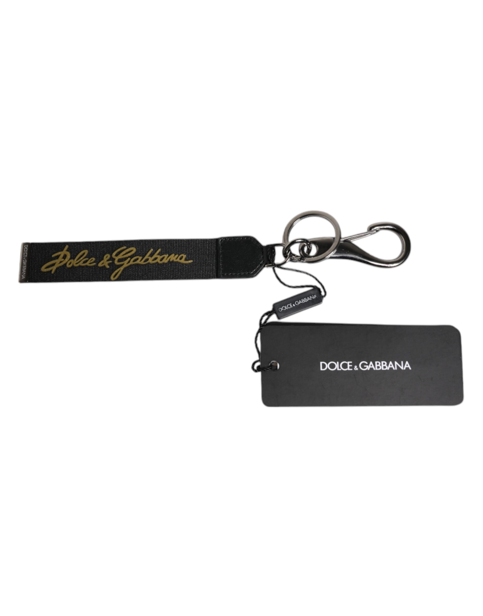 Dolce & Gabbana Schwarzes Logo Nylon Silber Messing Männer Halter Schlüsselanhänger Schlüsselanhänger