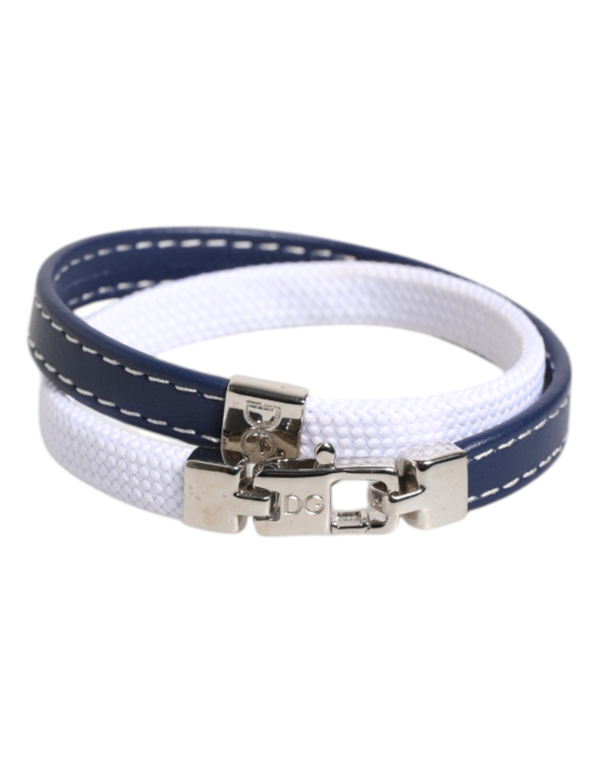 Dolce & Gabbana Blau Weißes Leder mit DG Gravur Silberfarbener Verschluss Armband
