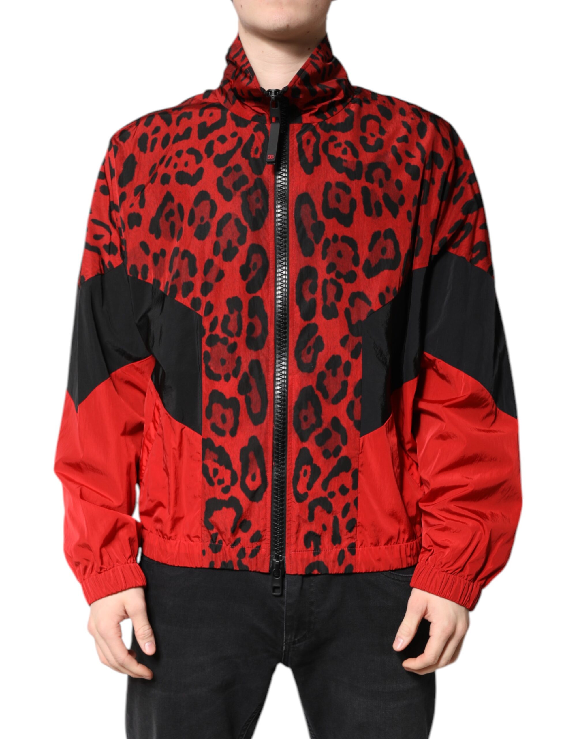 Dolce & Gabbana Rote Leoparden-Nylon-Bomberjacke mit durchgehendem Reißverschluss