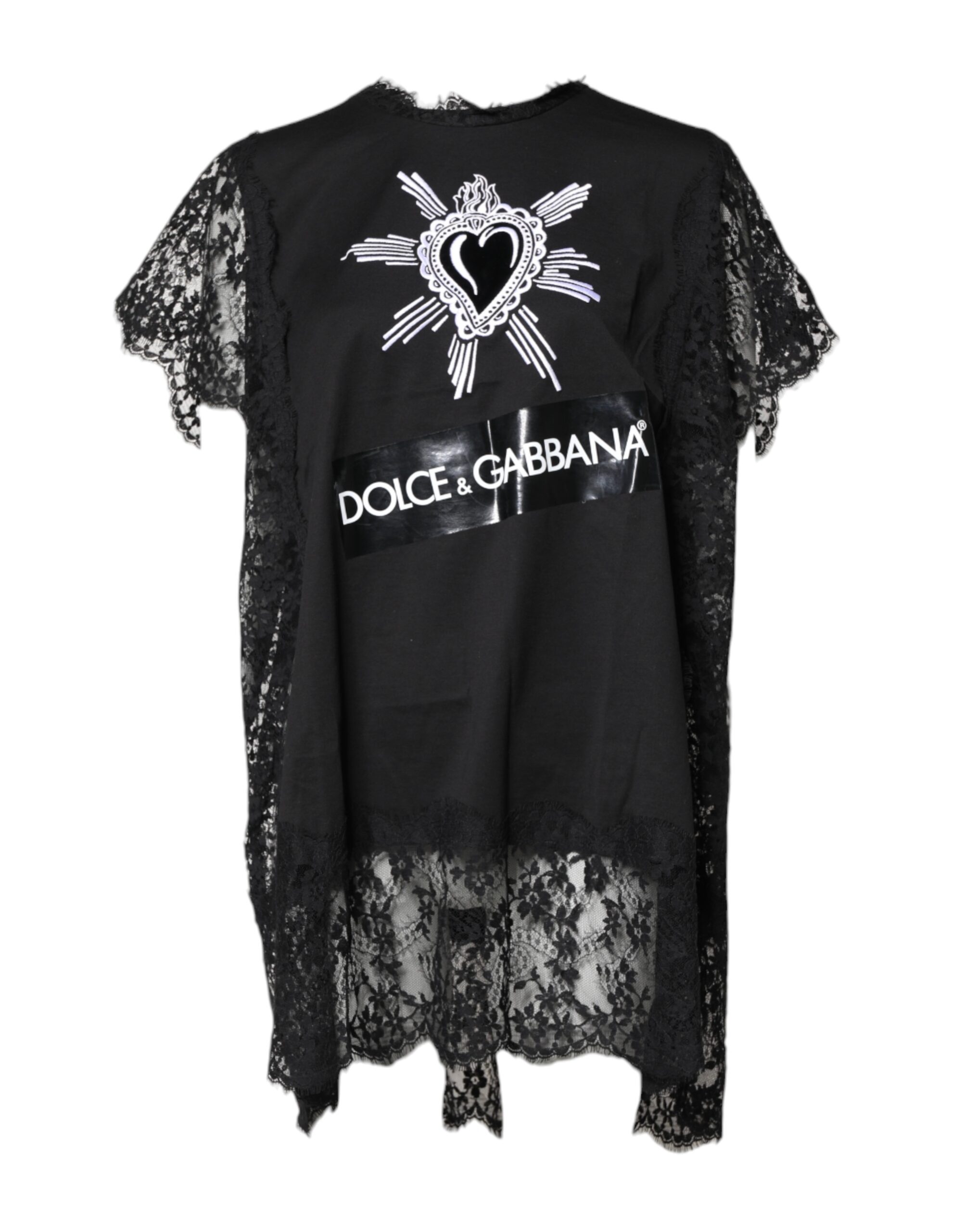 Dolce & Gabbana Schwarzes Top mit Rundhalsausschnitt aus transparenter Spitze Sacred Heart