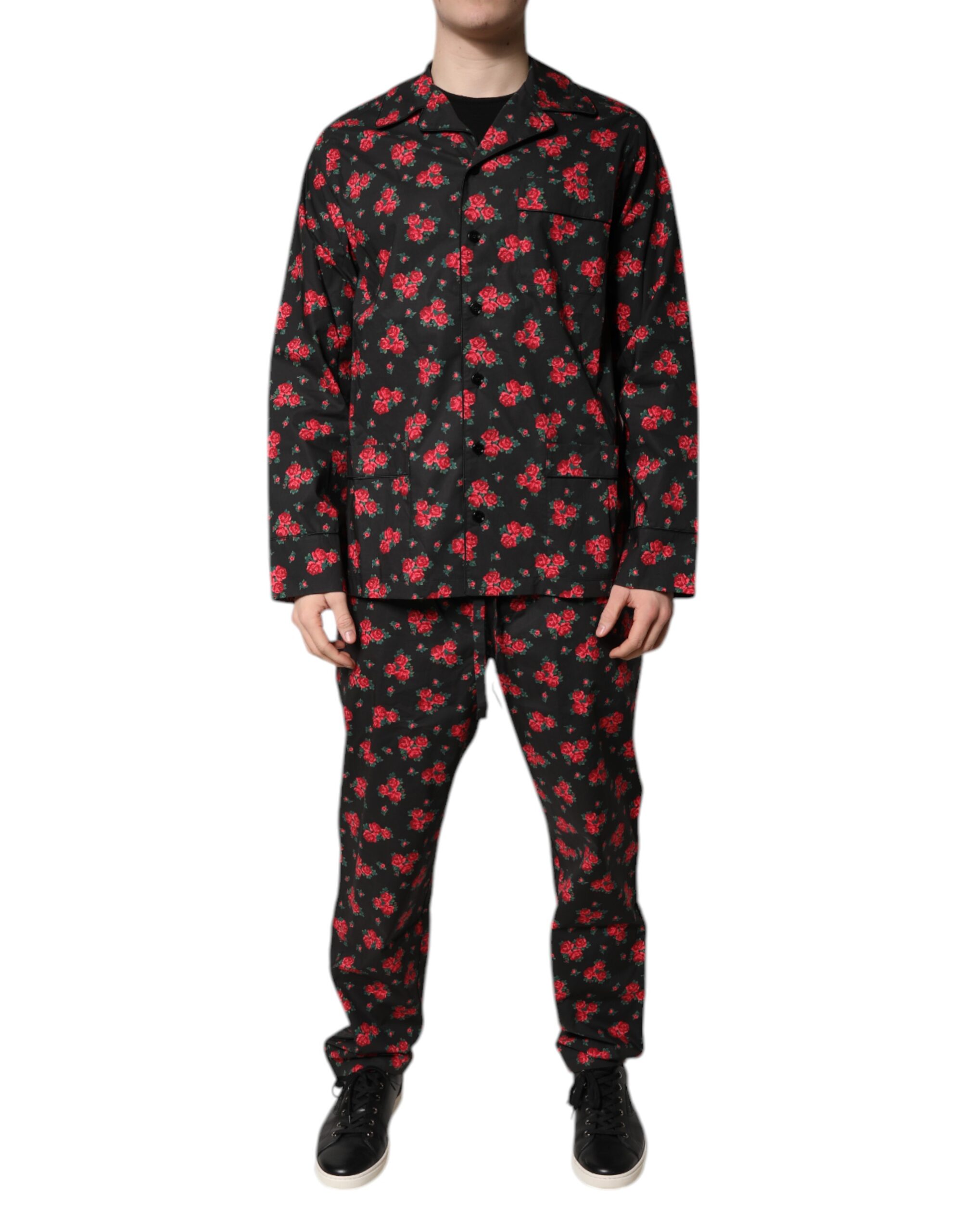 Dolce & Gabbana Schwarzer Blumendruck Baumwolle Männer Pyjama Set Schlafanzug