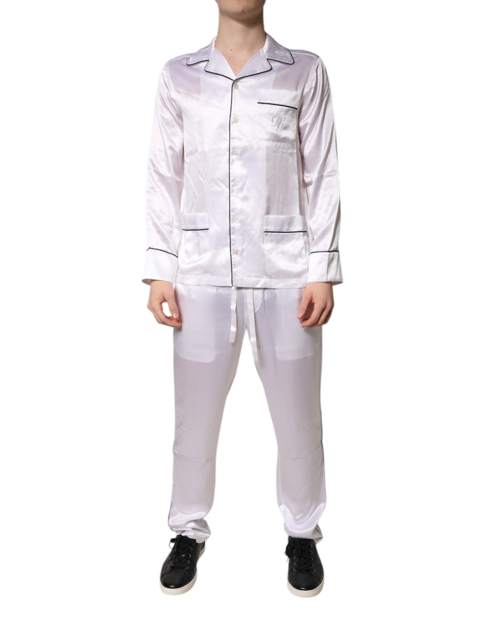 Dolce & Gabbana Weißer Satin Seide Männer Pyjama Set Schlafanzug