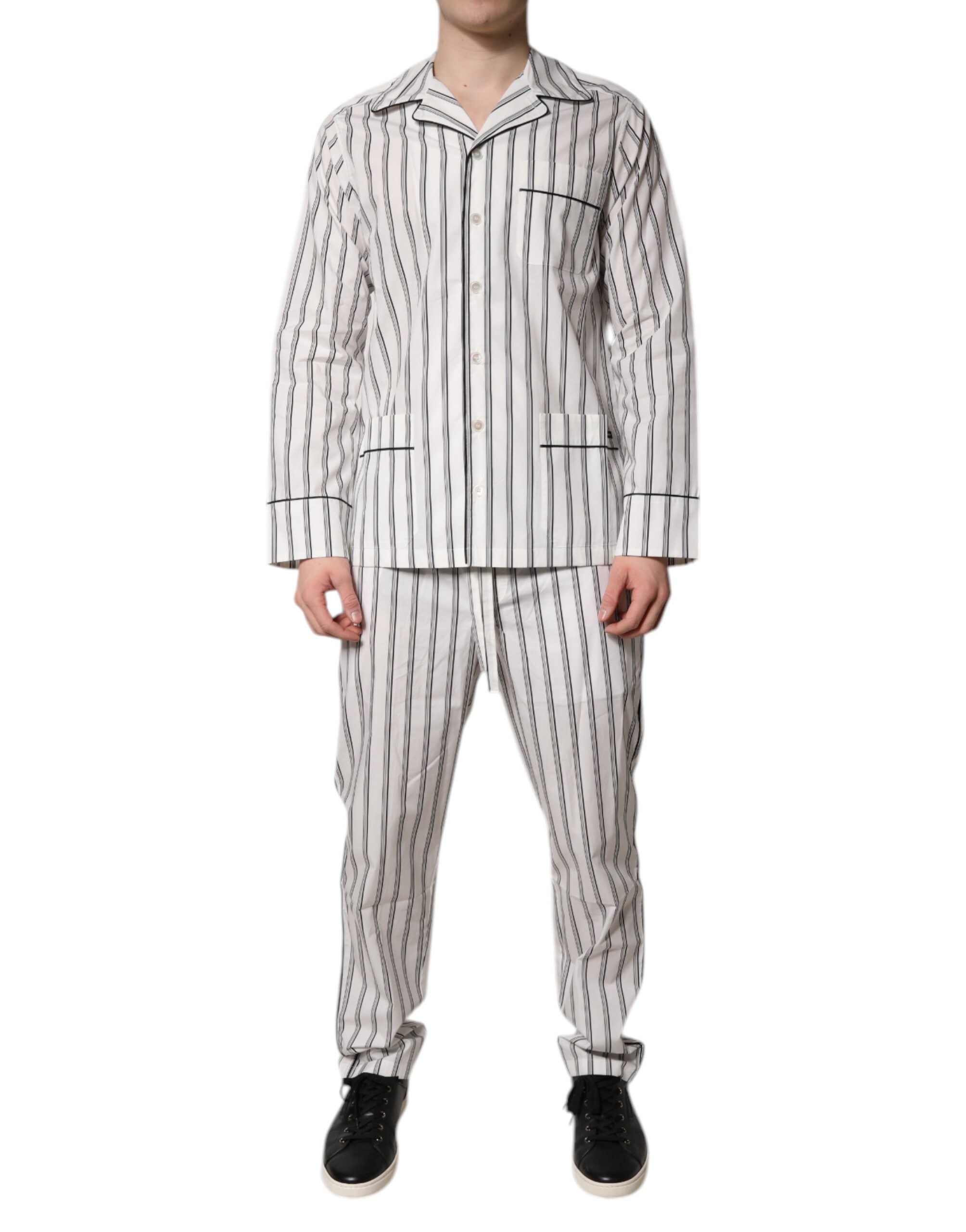 Dolce & Gabbana Weiß Schwarz Streifen Baumwolle Männer Pyjama Set Nachtwäsche