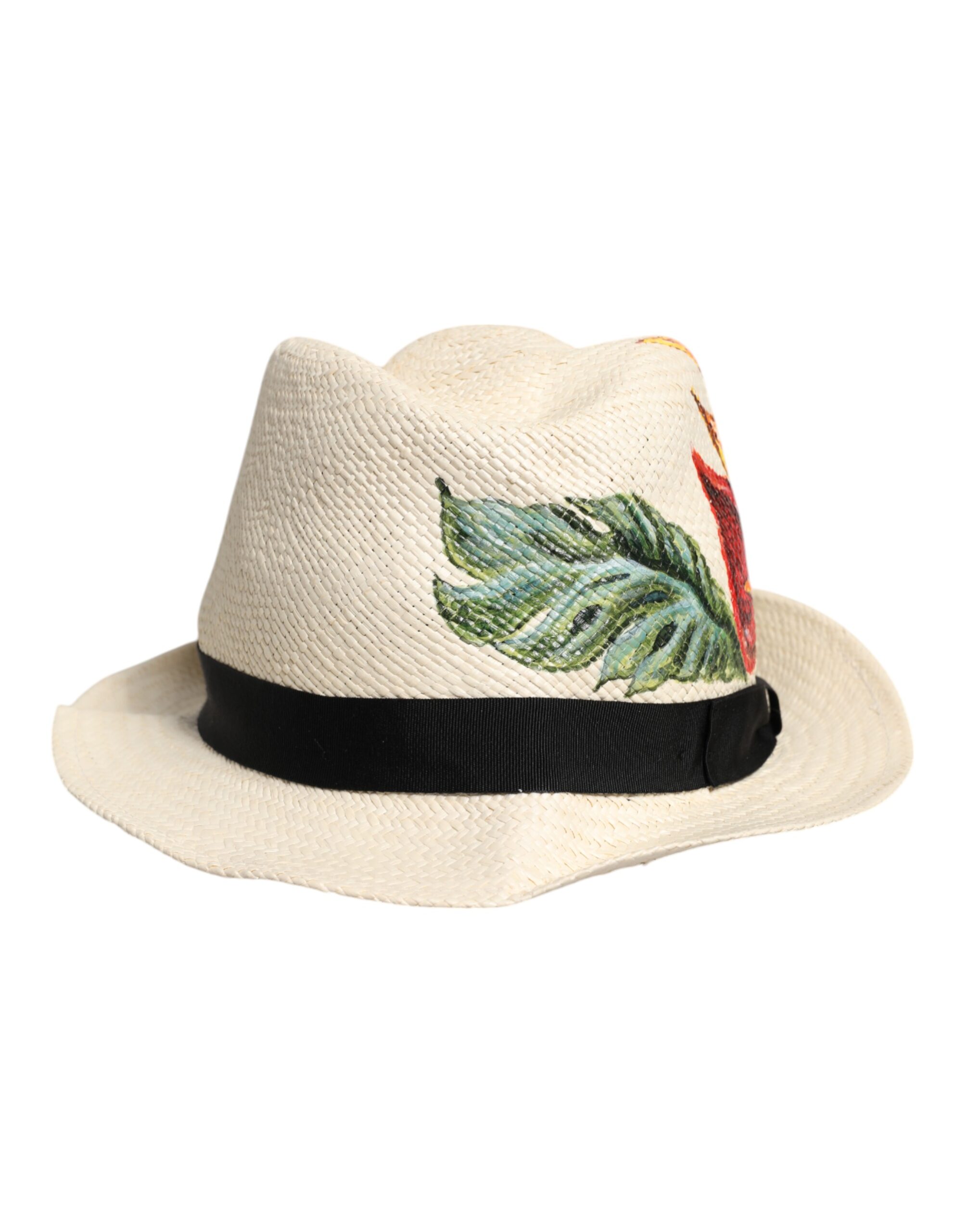 Dolce & Gabbana Beige Floral Print Stroh breite Krempe Fedora Hut