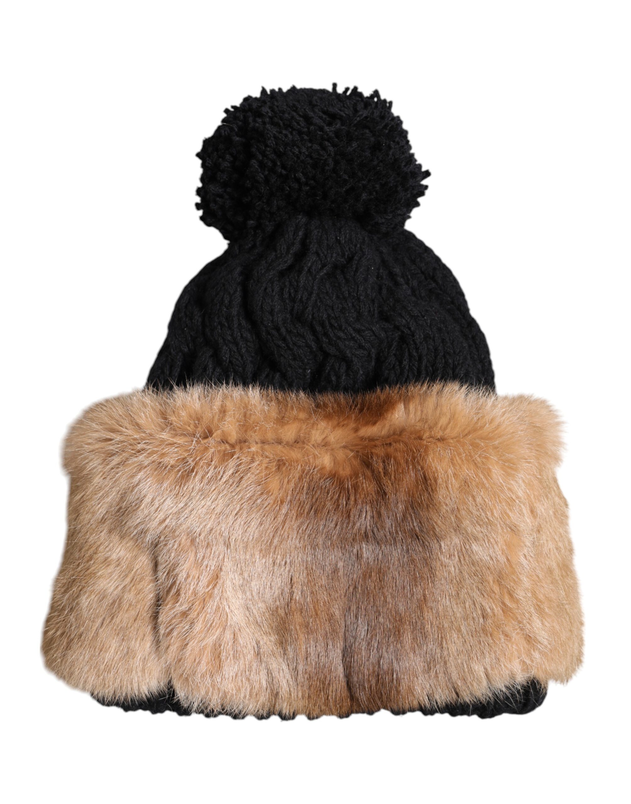 Dolce & Gabbana Schwarz Braun Gefärbt Kaninchen Echtpelz Winter Beanie Mütze