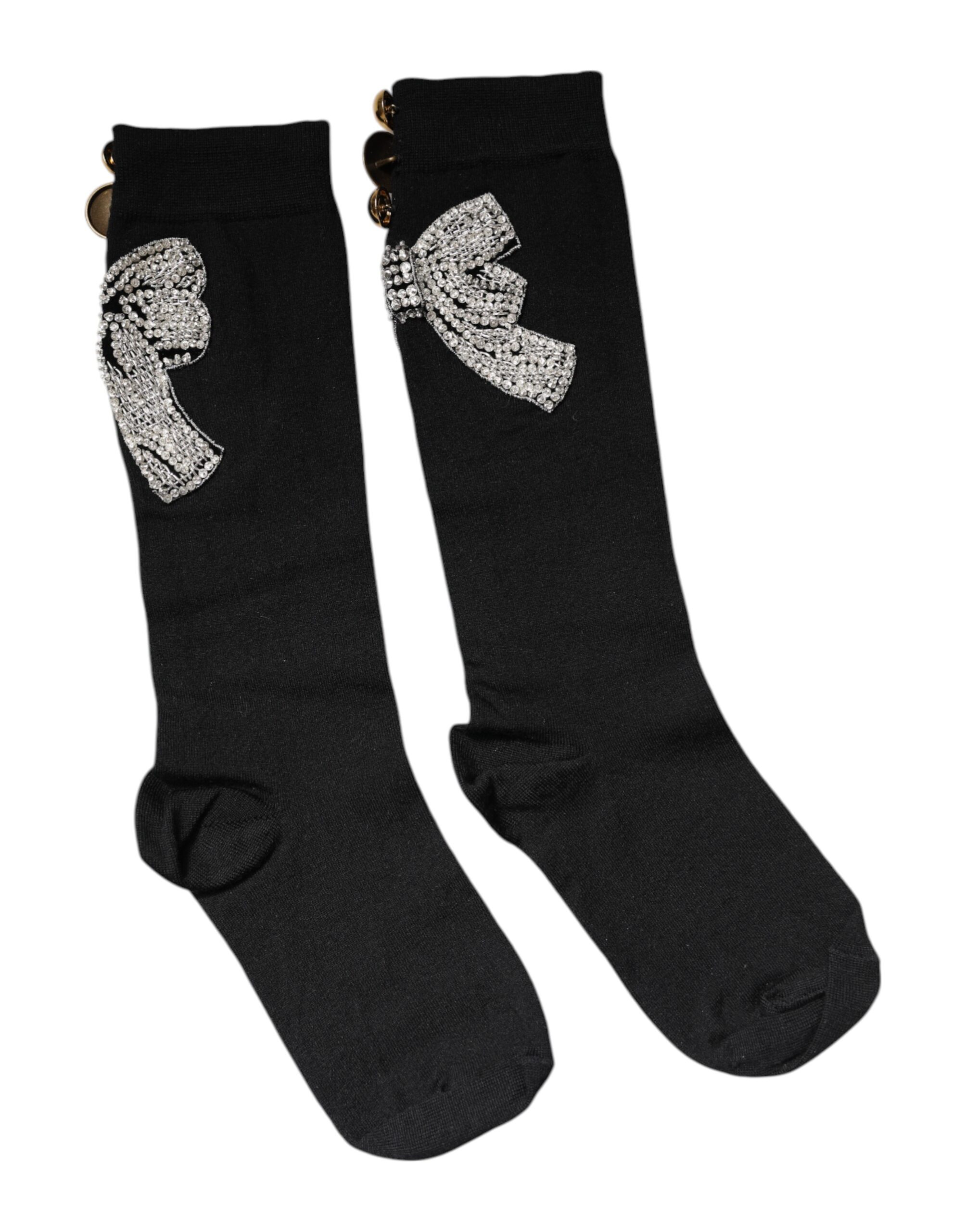 Dolce & Gabbana Schwarz gestrickte Socken mit floraler Kristall-Verzierung