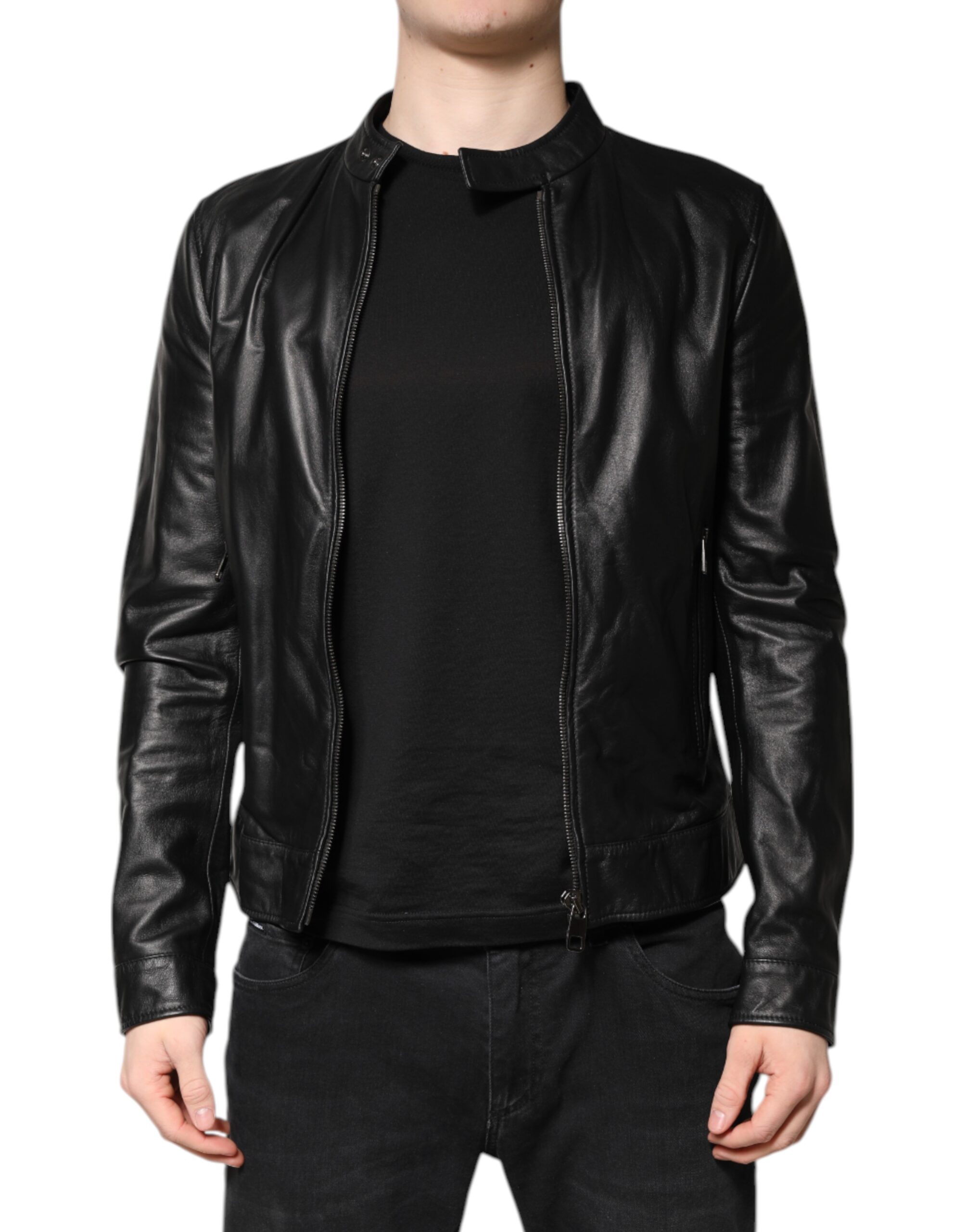 Dolce & Gabbana Schwarzes Schaf Leder Biker Full Zip Jacke