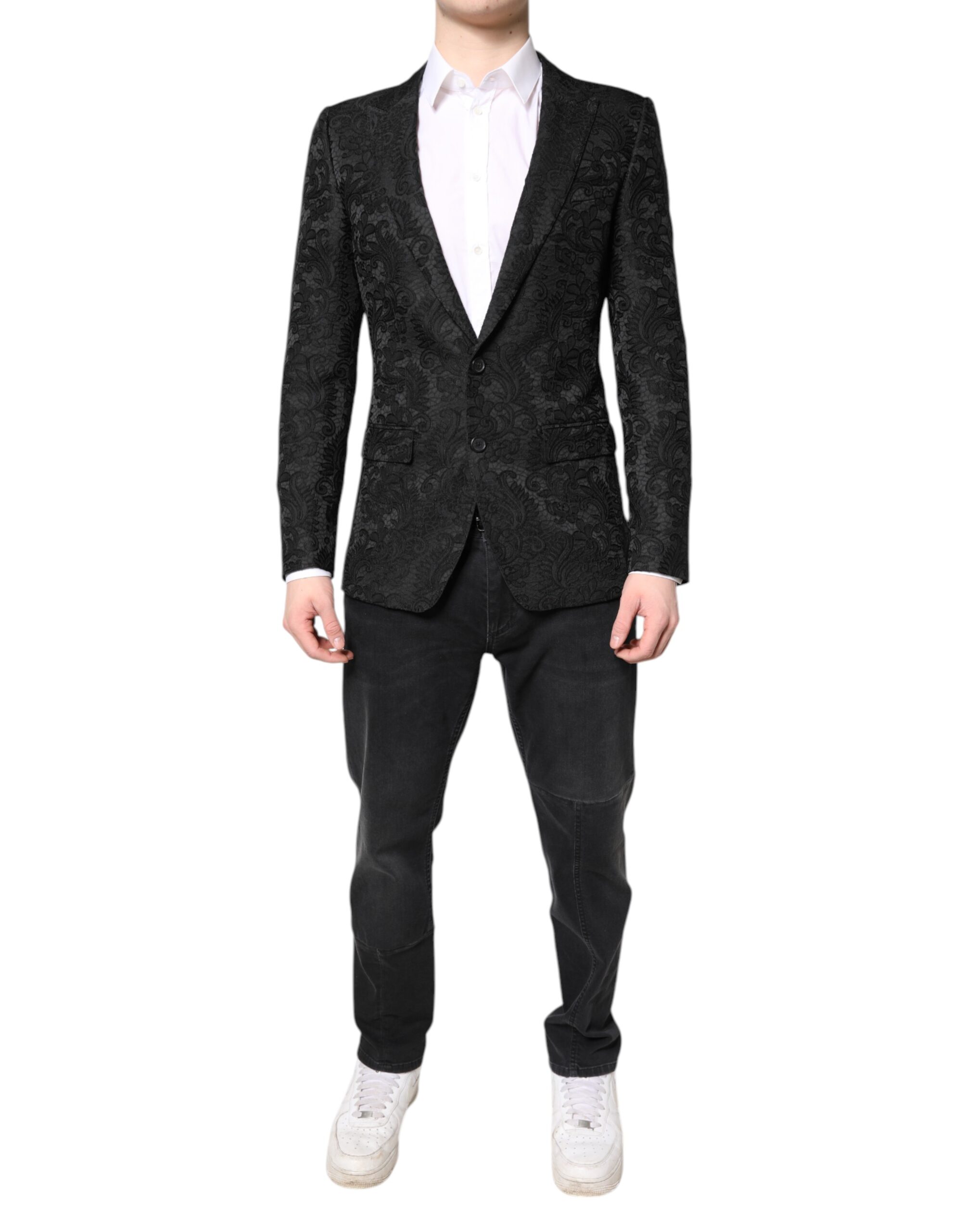 Dolce & Gabbana Schwarzer geblümter Jacquard-Mantel Jacke Blazer