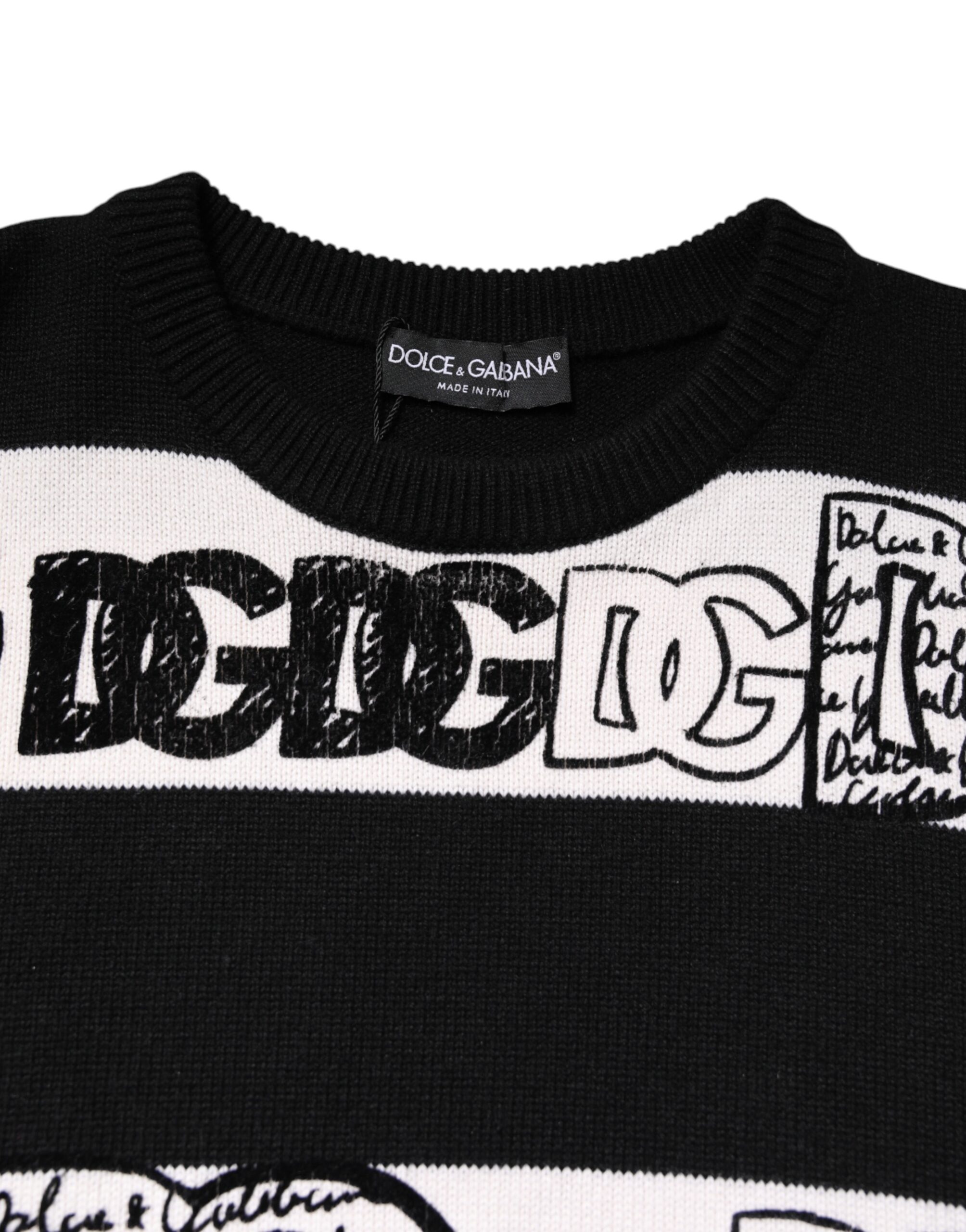 Dolce & Gabbana Schwarzer weißer Wollpullover mit Logodruck – Bild 5