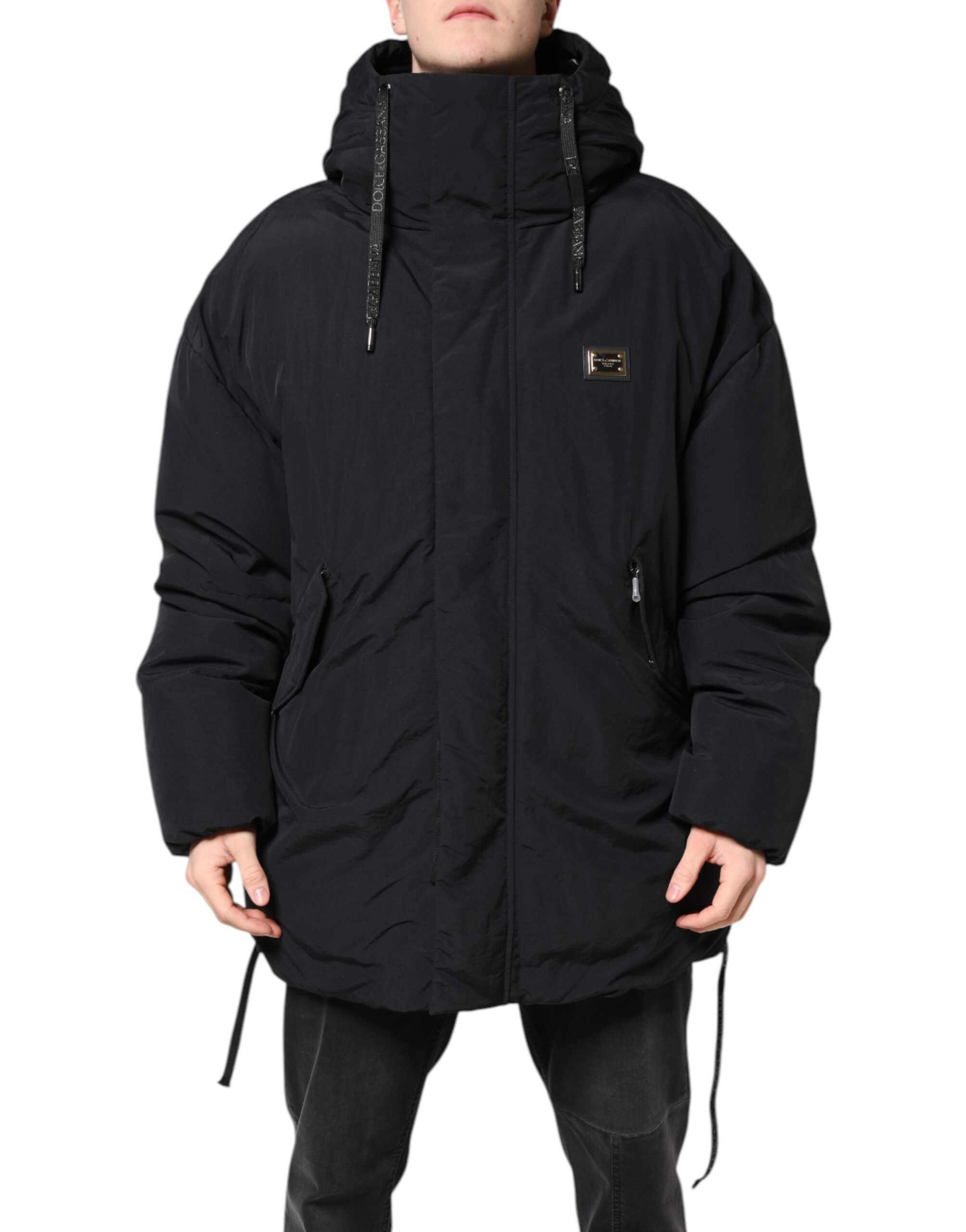 Dolce & Gabbana Schwarze Nylon-Parka-Jacke mit Kapuze und Reißverschluss