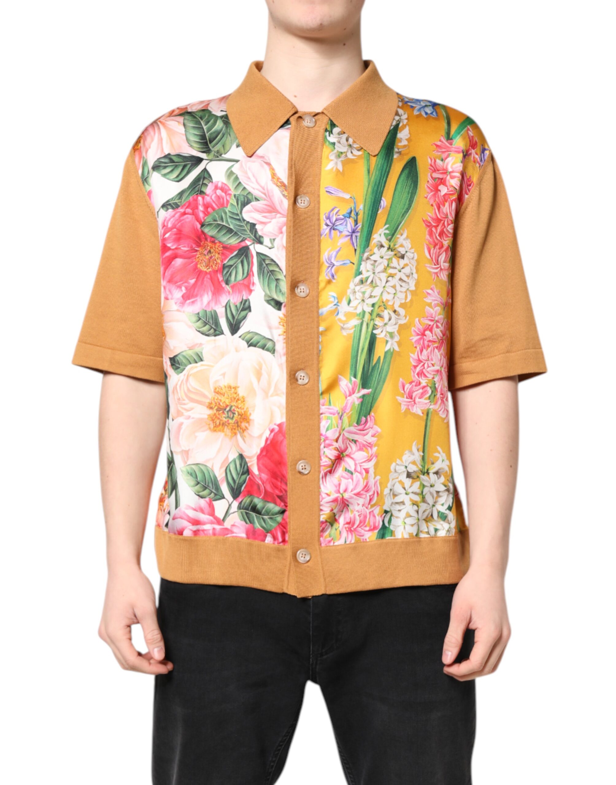 Dolce & Gabbana Braunes T-Shirt mit Blumenmuster und kurzen Ärmeln