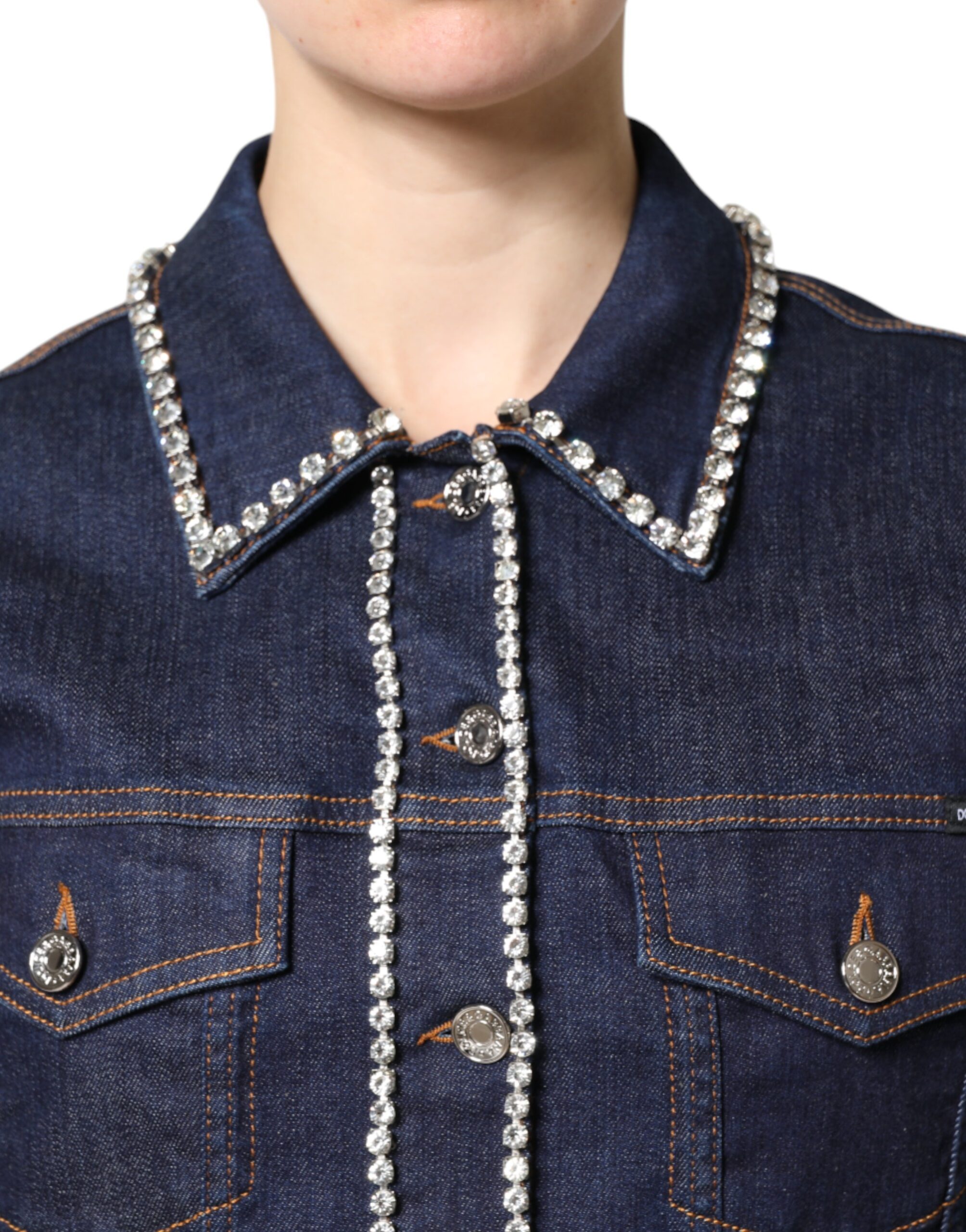 Dolce & Gabbana Blaue Denim-Baumwolljacke mit Kristallverzierung – Bild 5