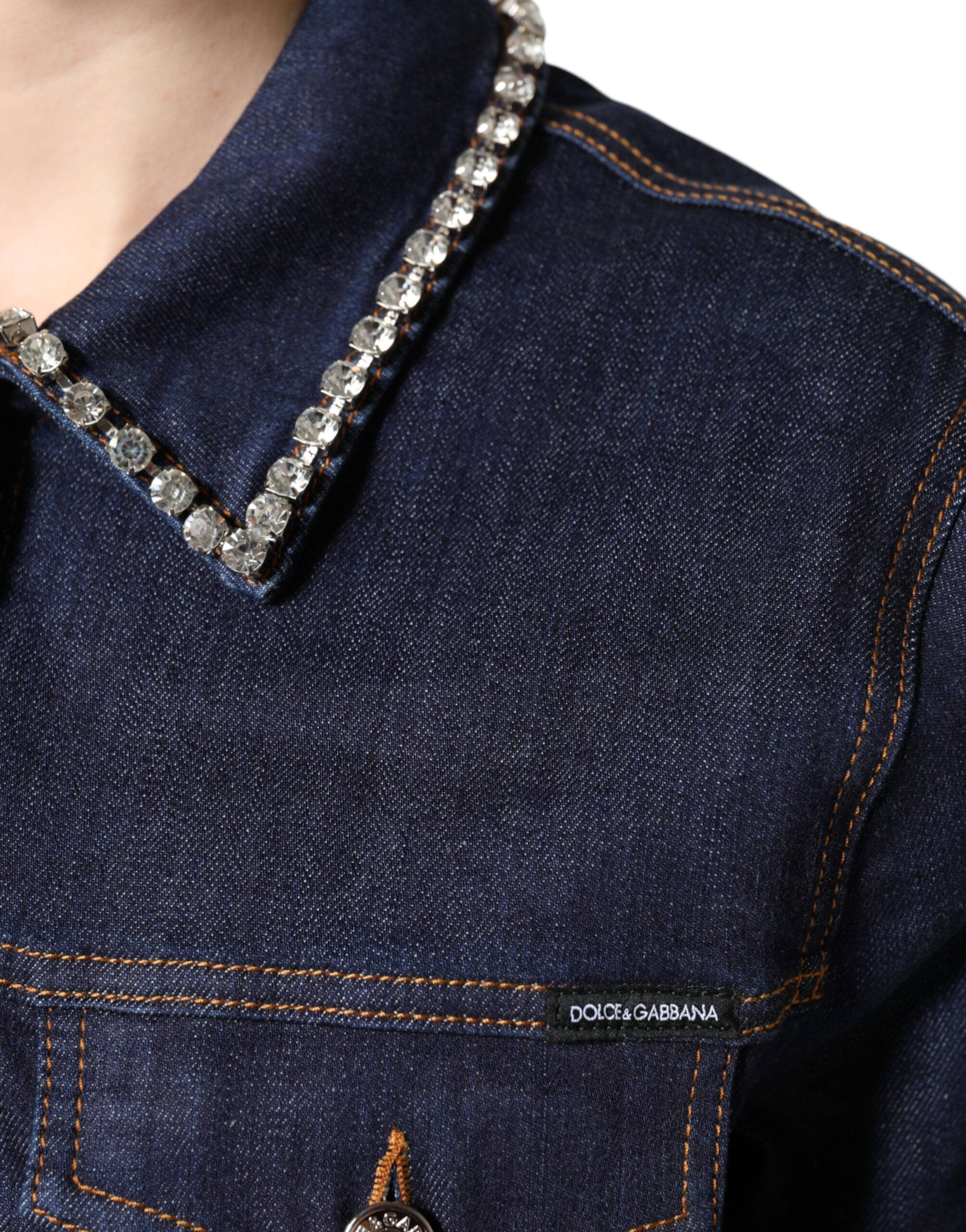 Dolce & Gabbana Blaue Denim-Baumwolljacke mit Kristallverzierung – Bild 6