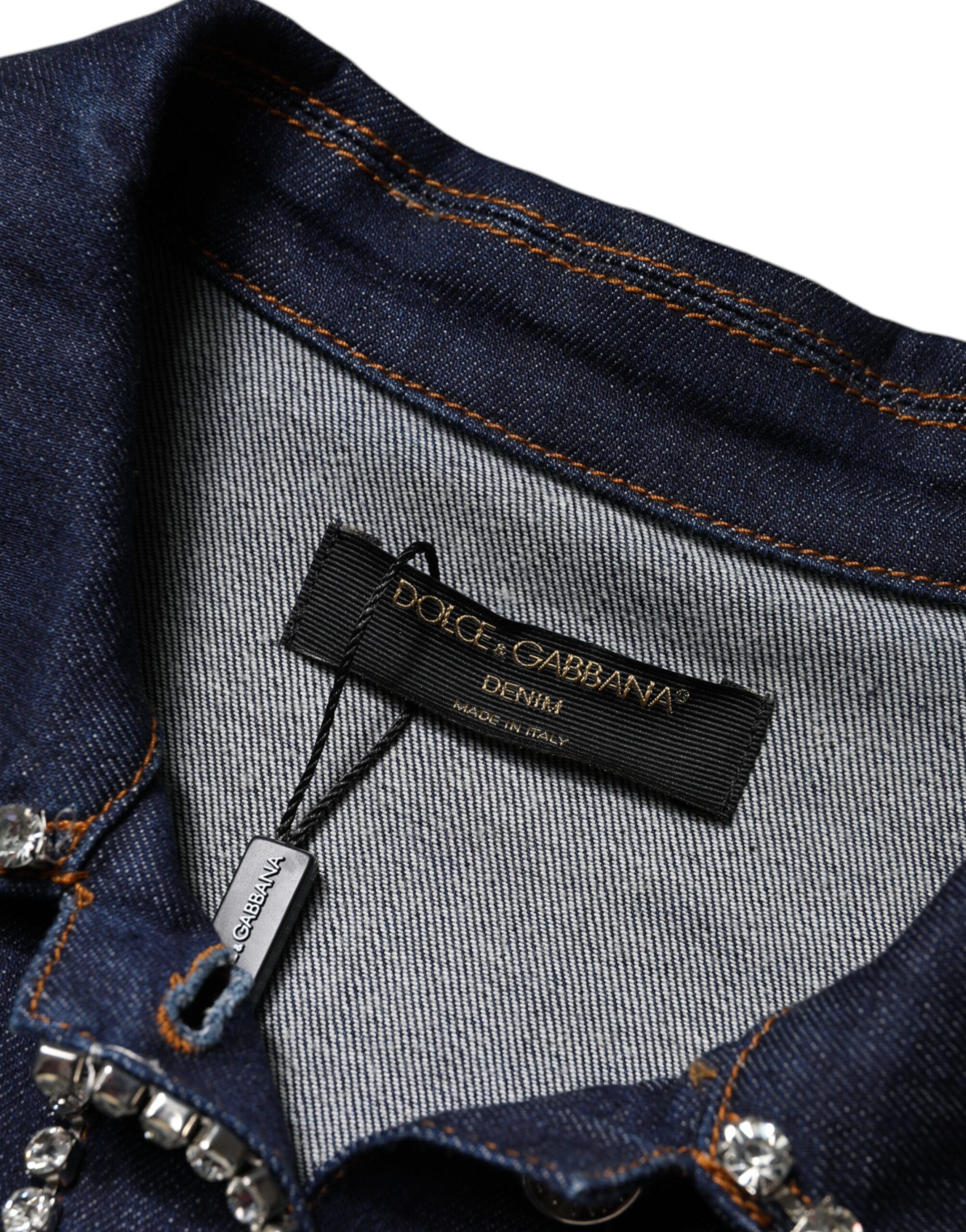 Dolce & Gabbana Blaue Denim-Baumwolljacke mit Kristallverzierung – Bild 8