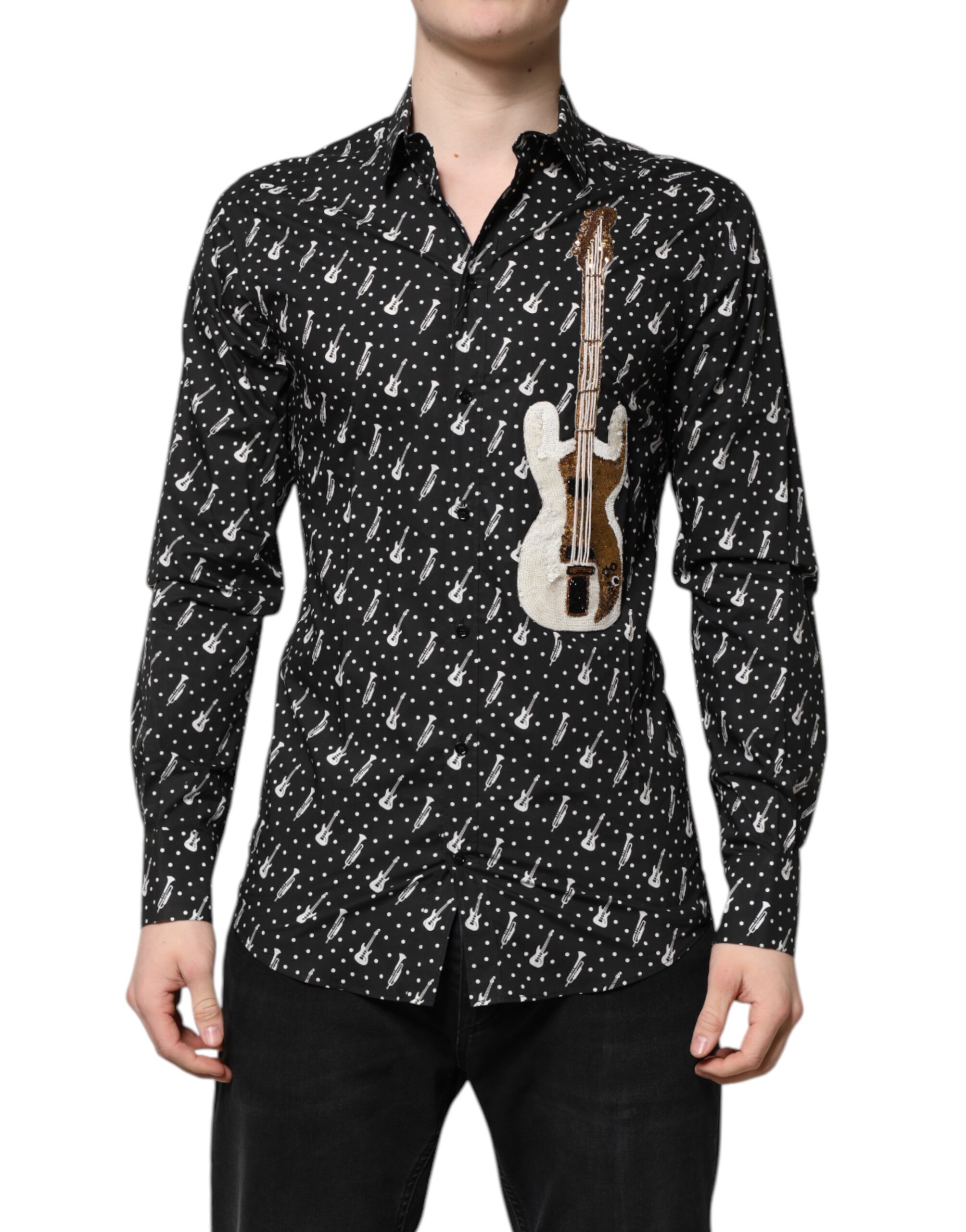Dolce & Gabbana Schwarzes GOLD Instrument Verziertes Hemd
