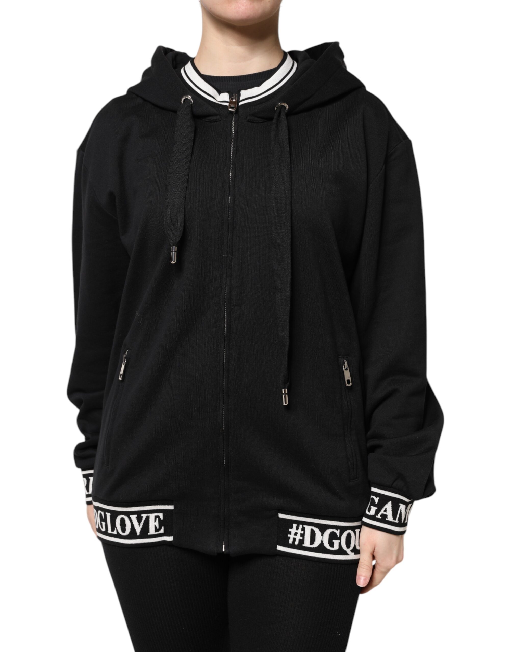 Dolce & Gabbana Schwarzes Baumwoll-Sweatshirt mit Kapuze und Reißverschluss Pullover