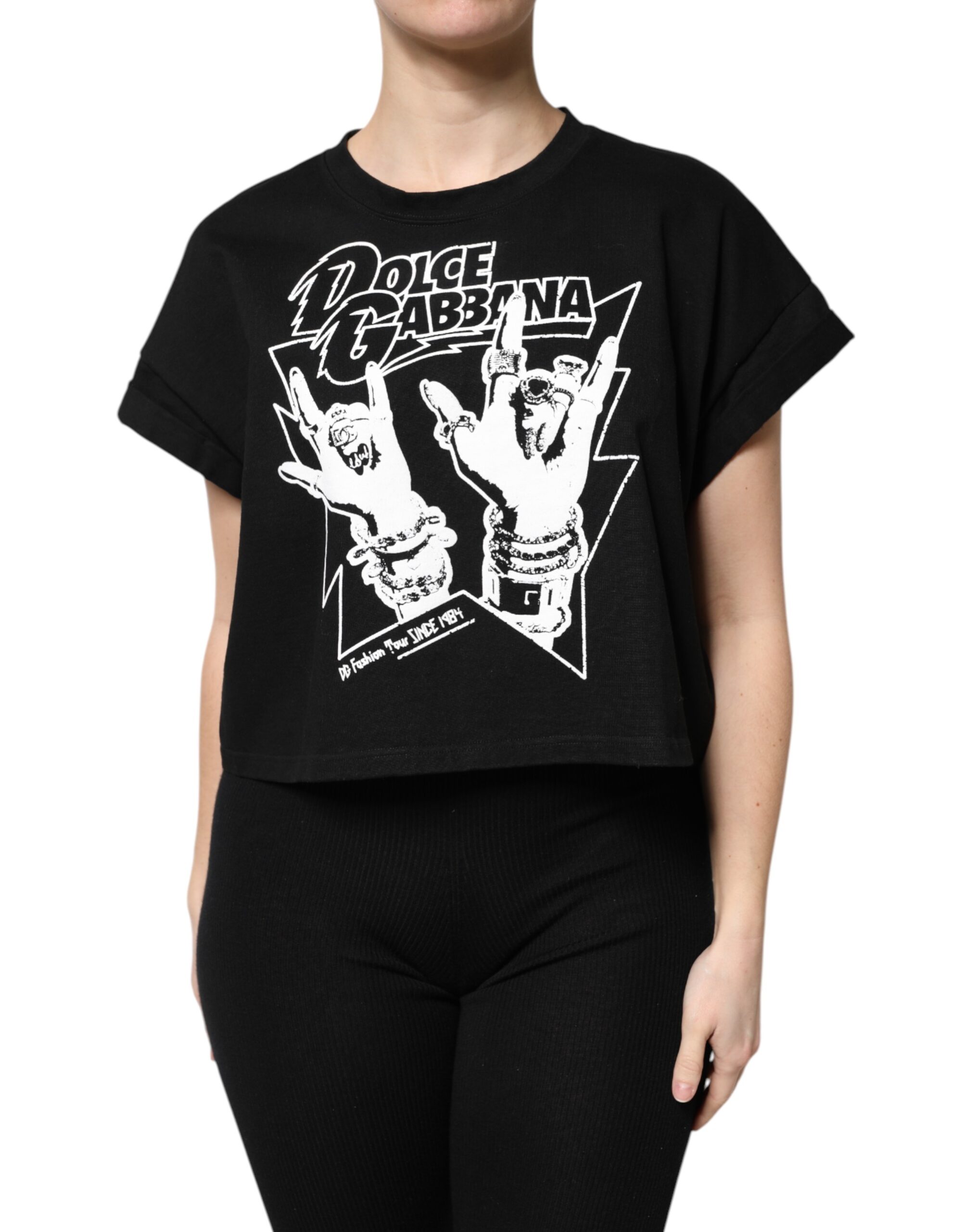 Dolce & Gabbana Schwarzes T-Shirt mit bedruckten kurzen Ärmeln aus Baumwolle