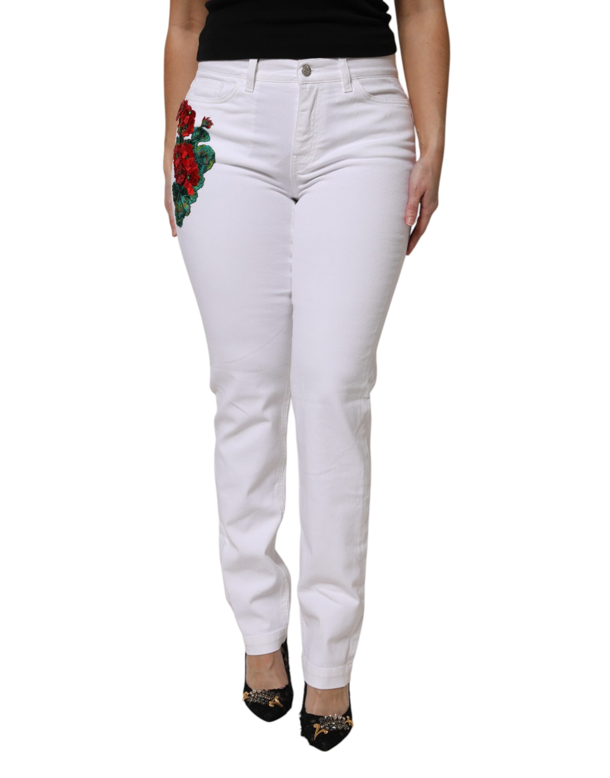 Dolce & Gabbana Weiße GIRLY Denim-Jeans mit Blumen und Pailletten