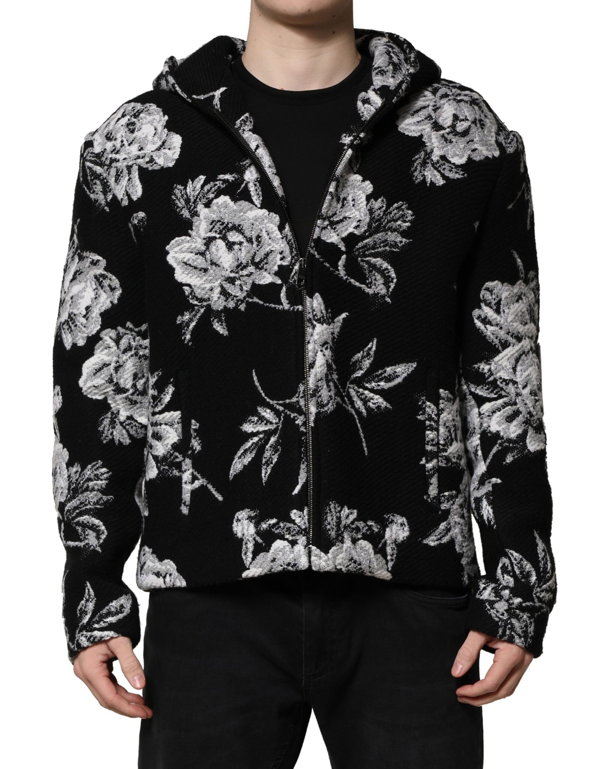 Dolce & Gabbana Schwarze Jacke mit Kapuze aus Wolle und Blumenmuster für Männer