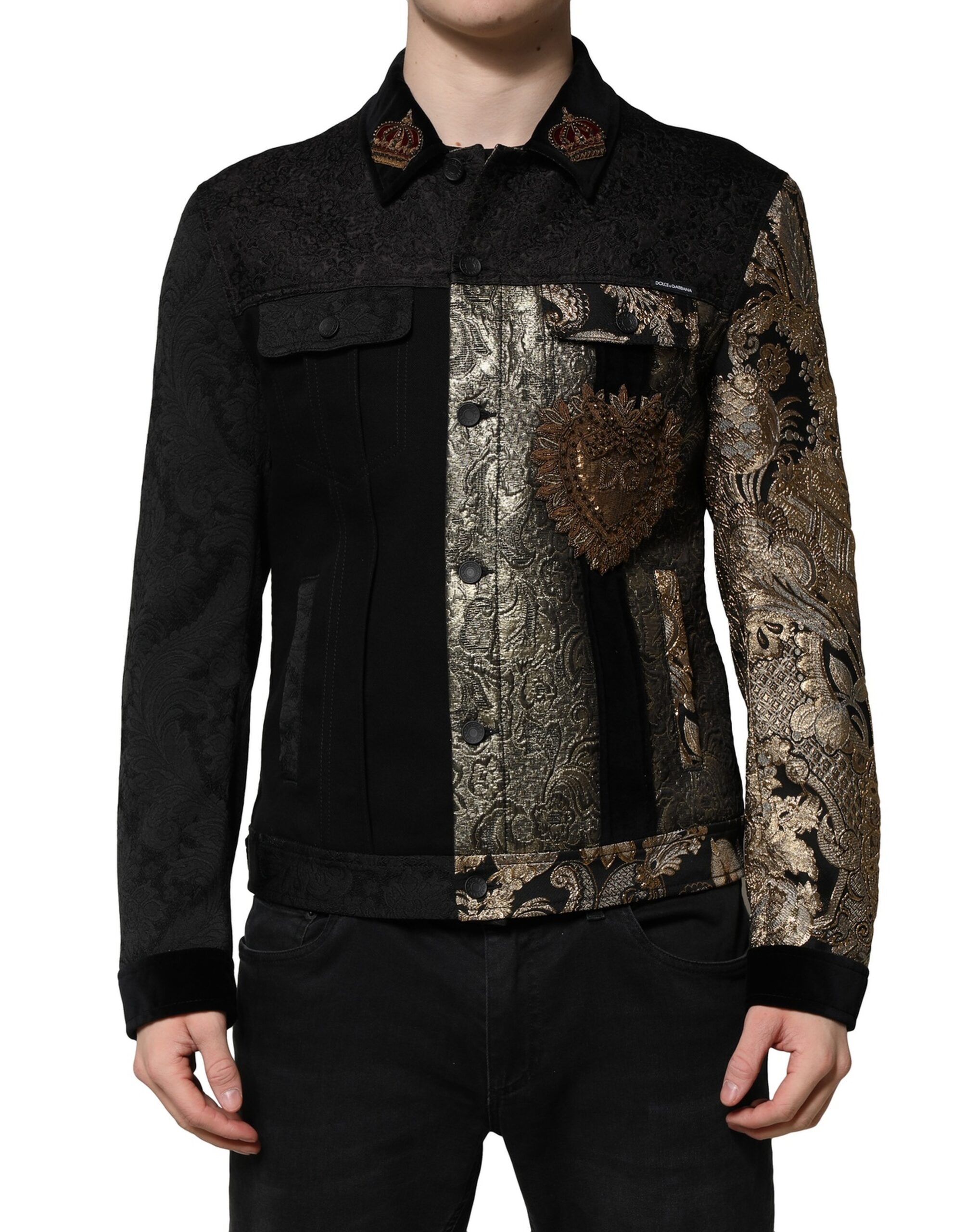 Dolce & Gabbana Schwarz Gold Floral Jacquard Männer Biker Jacke