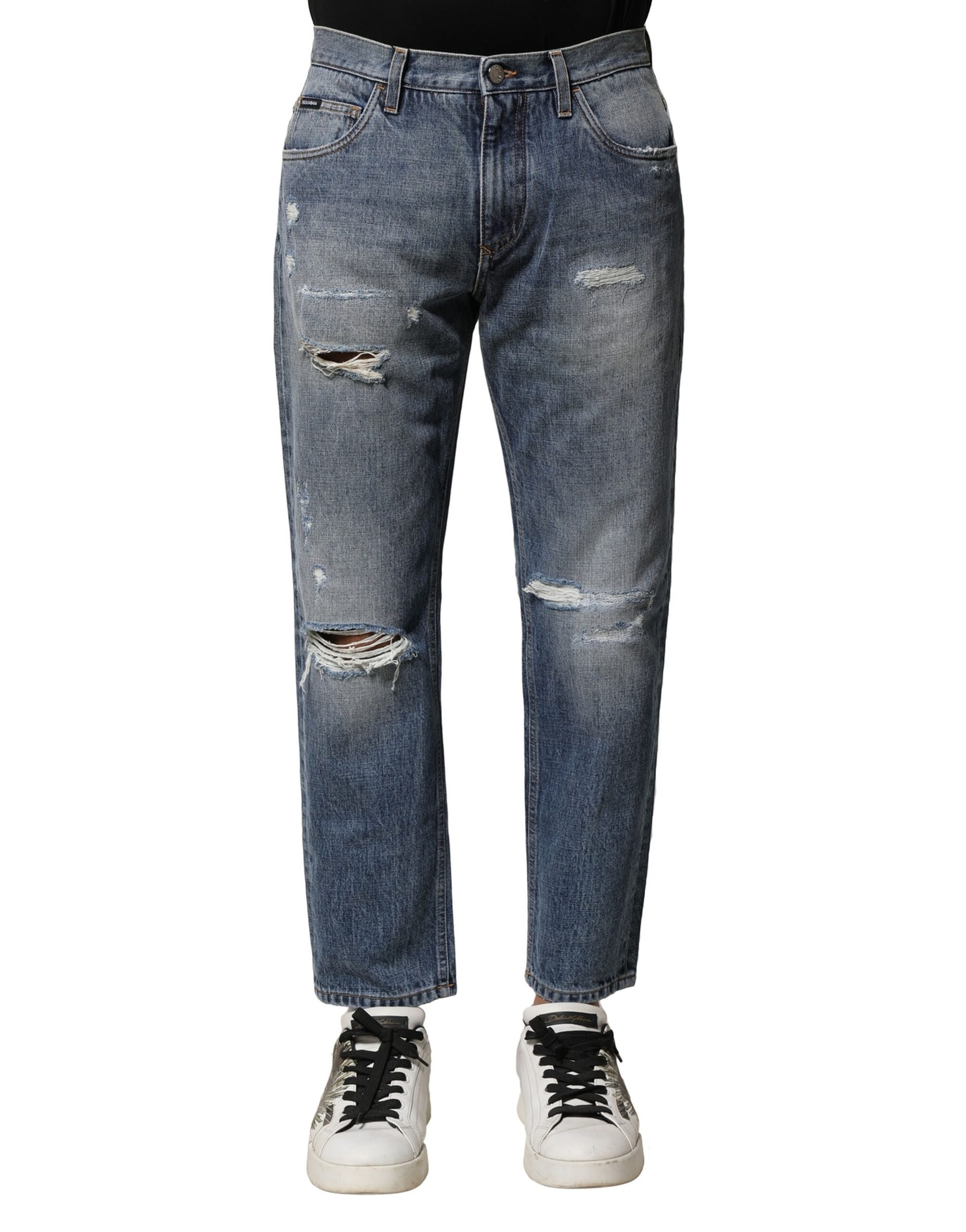 Dolce & Gabbana Blaue, verwaschene, zerfledderte Straight Fit Denim Jeans
