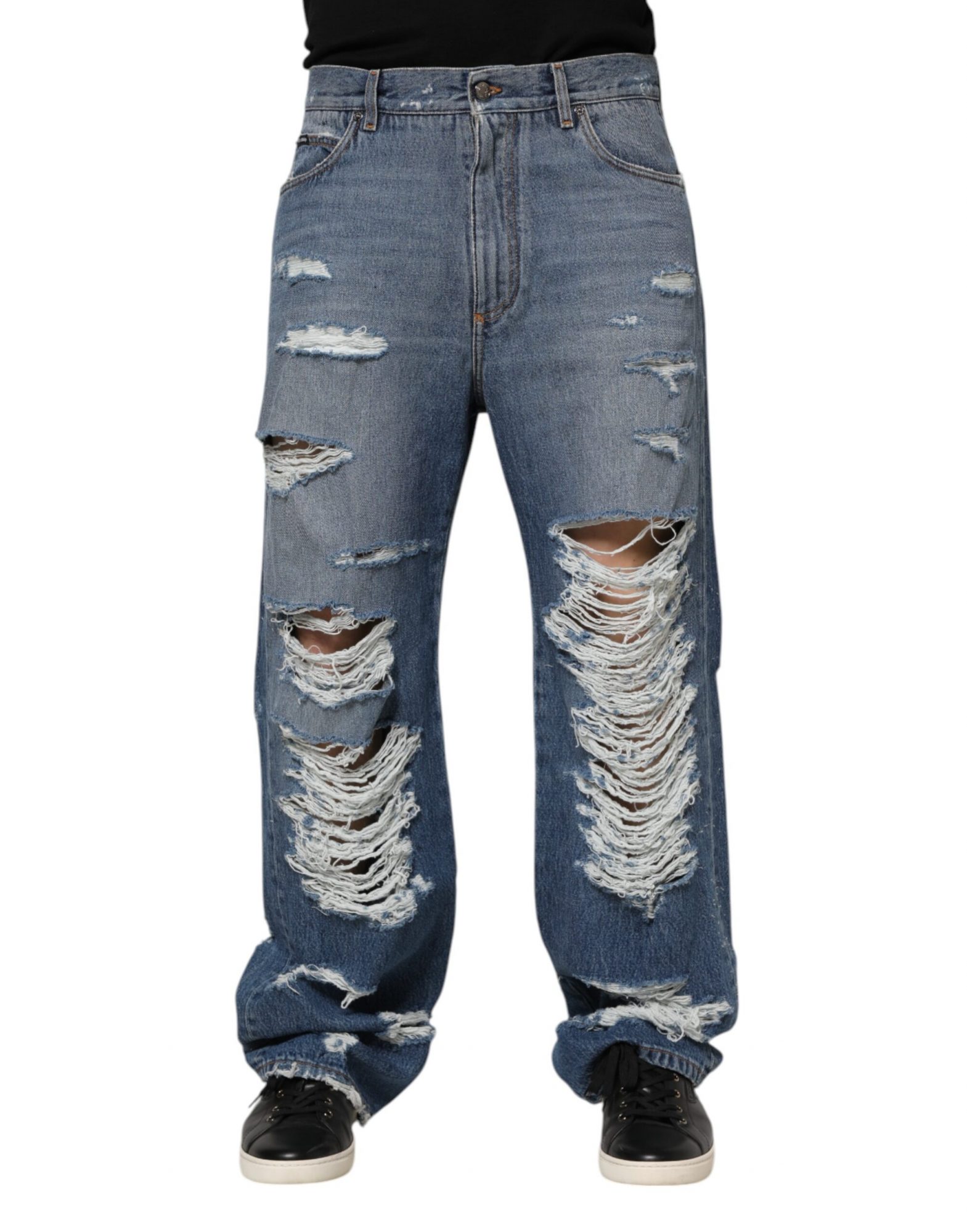 Dolce & Gabbana Blaue zerfledderte Baumwoll-Logo-Plakette Denim-Jeans