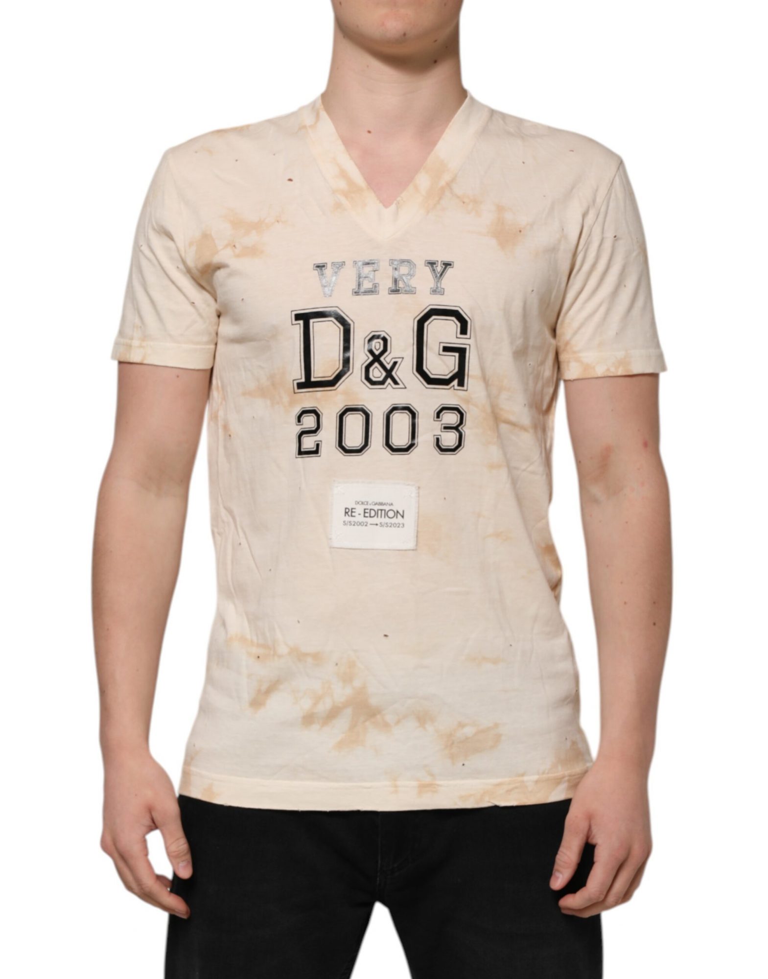 Dolce & Gabbana Beige Logo-Druck Kurzarm-T-Shirt mit V-Ausschnitt