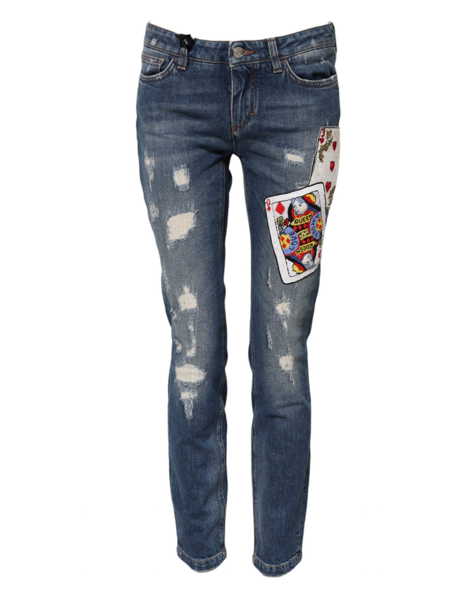 Dolce & Gabbana Blaue Spielkarten-Stickerei Skinny Denim Jeans