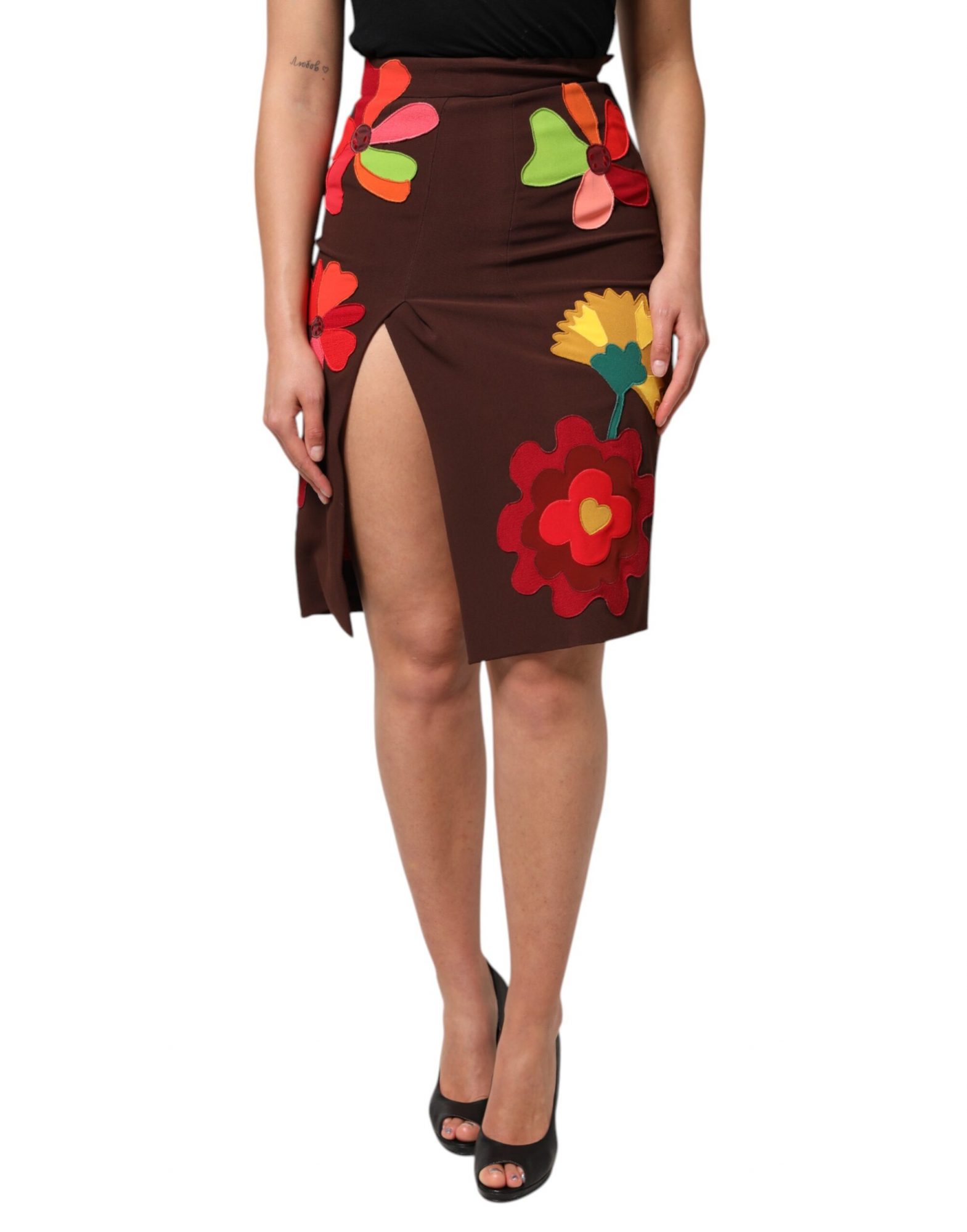 Dolce & Gabbana Brauner floraler Rock mit hoher Taille und seitlichem Schlitz