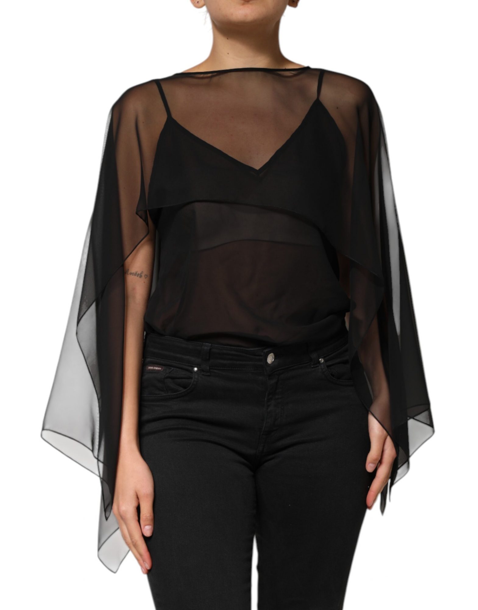 Dolce & Gabbana Schwarzes See-Through-Seiden-Chiffon-Spitzenblusentop