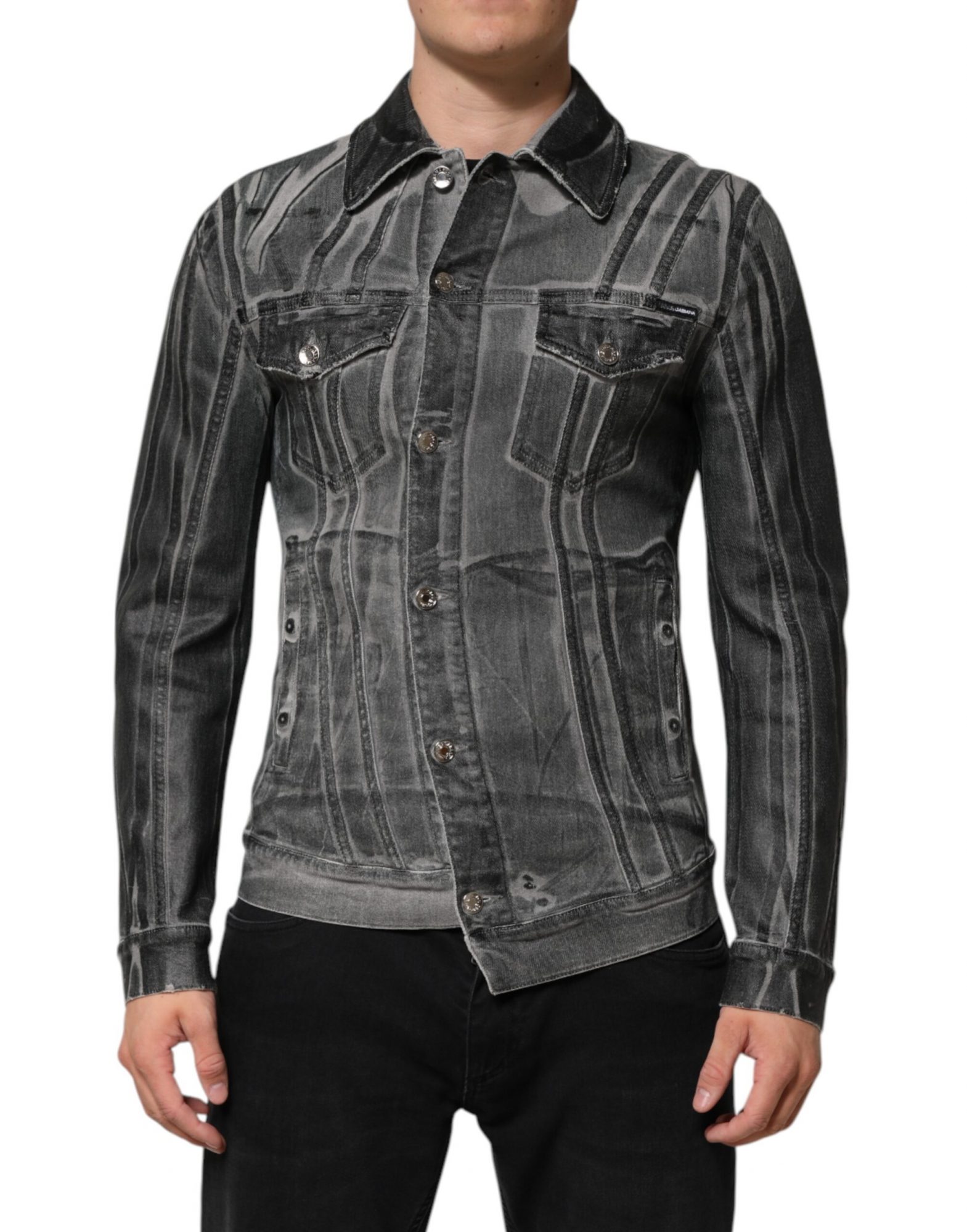 Dolce & Gabbana Graue gewaschene Baumwoll-Stretch-Denim-Jacke