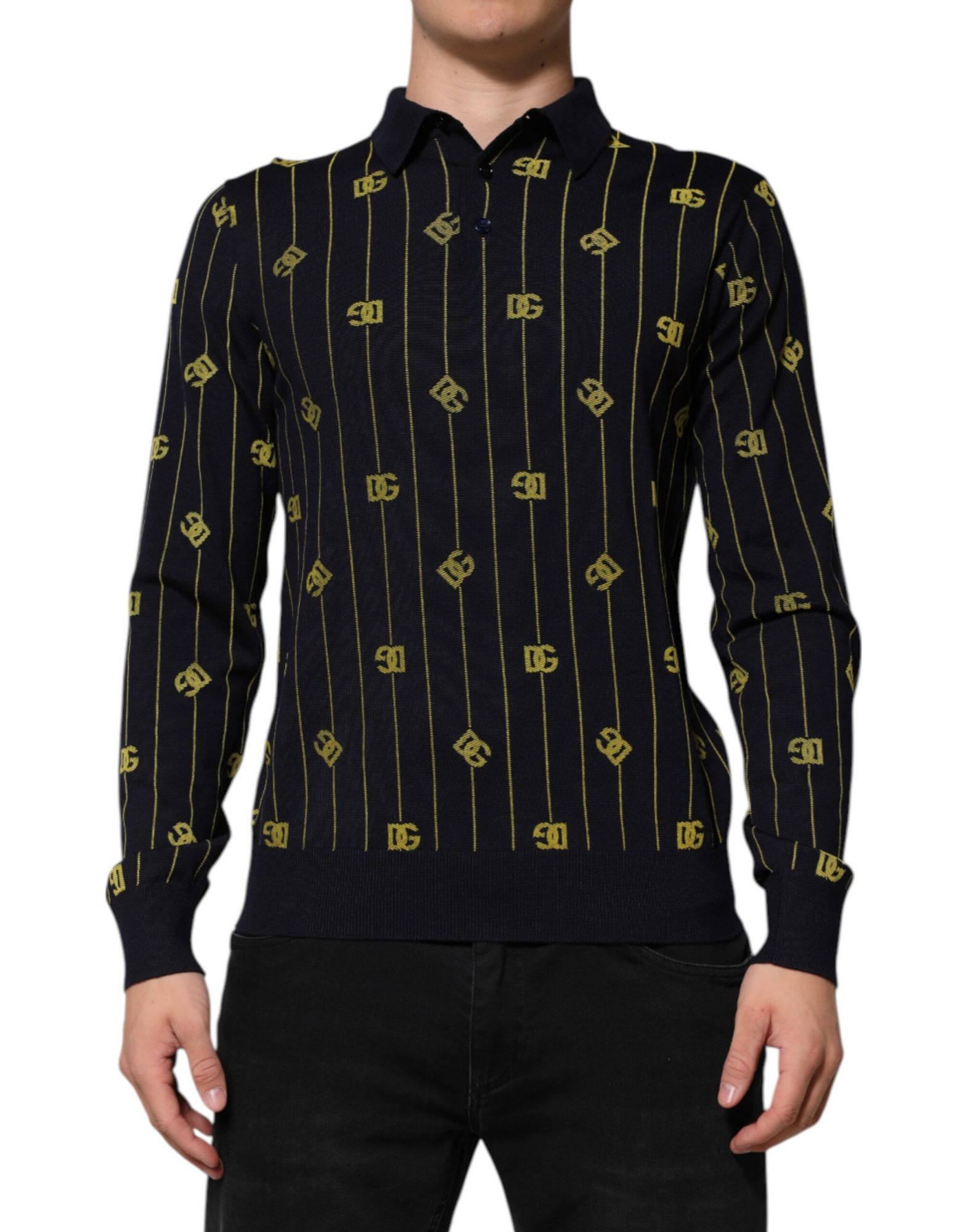 Dolce & Gabbana Schwarzes Logo-Jacquard-Strick-Poloshirt T-Shirt