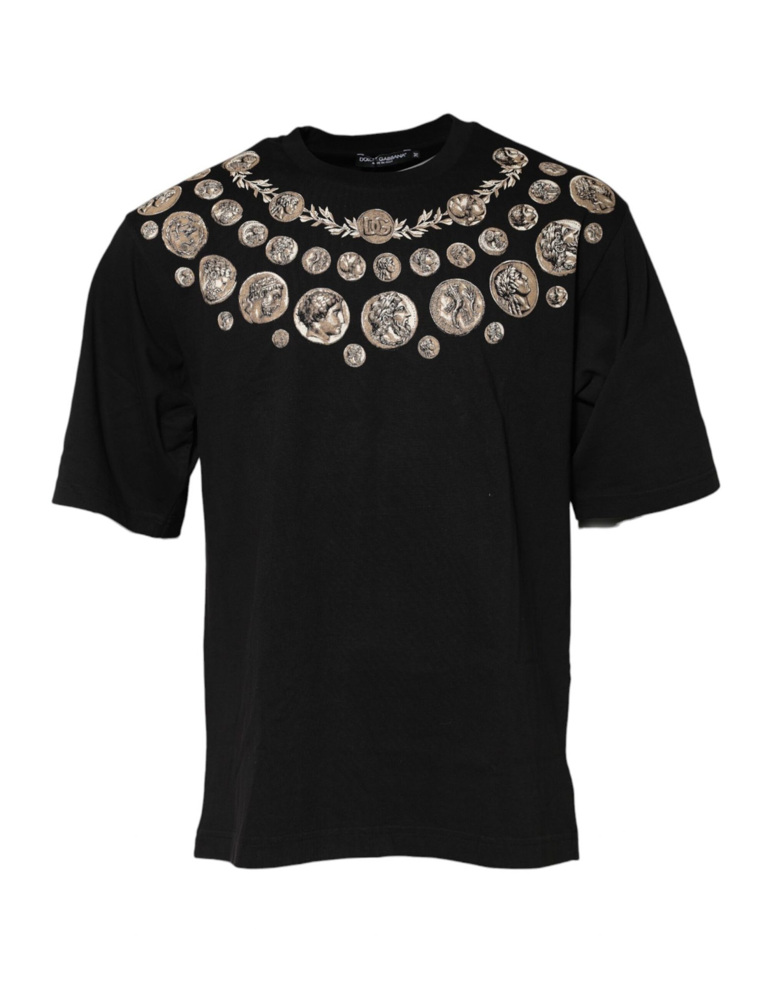 Dolce & Gabbana Schwarzes T-Shirt mit Rundhalsausschnitt aus Baumwolle mit Münzdruck