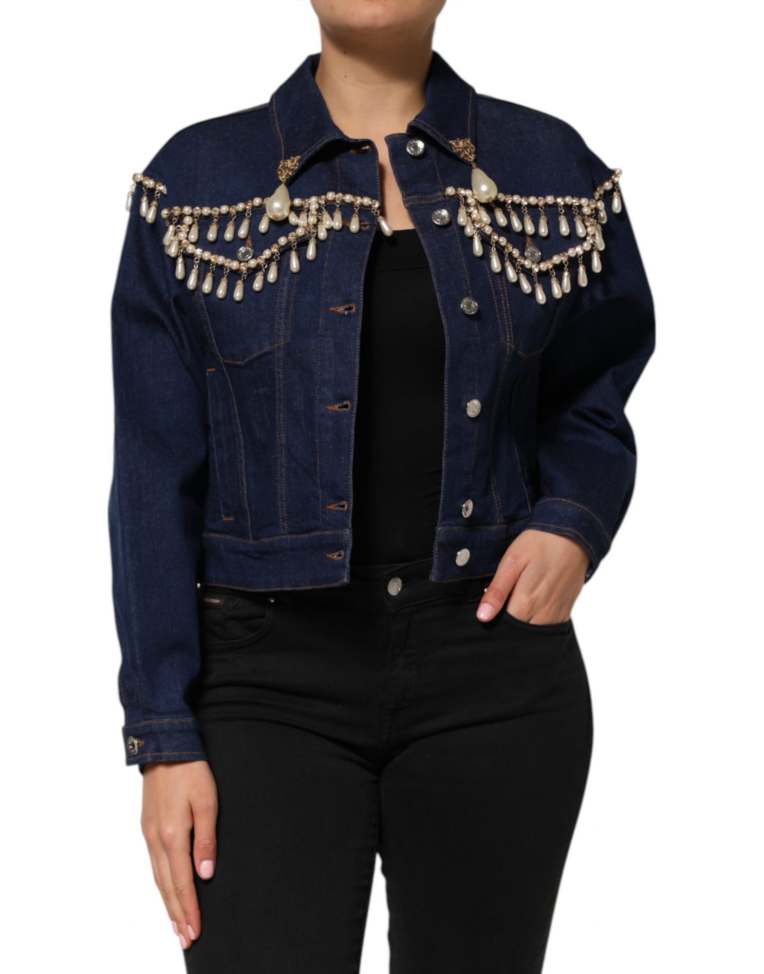 Dolce & Gabbana Blaue Baumwoll-Denim-Jacke mit Kristallverzierung – Bild 2