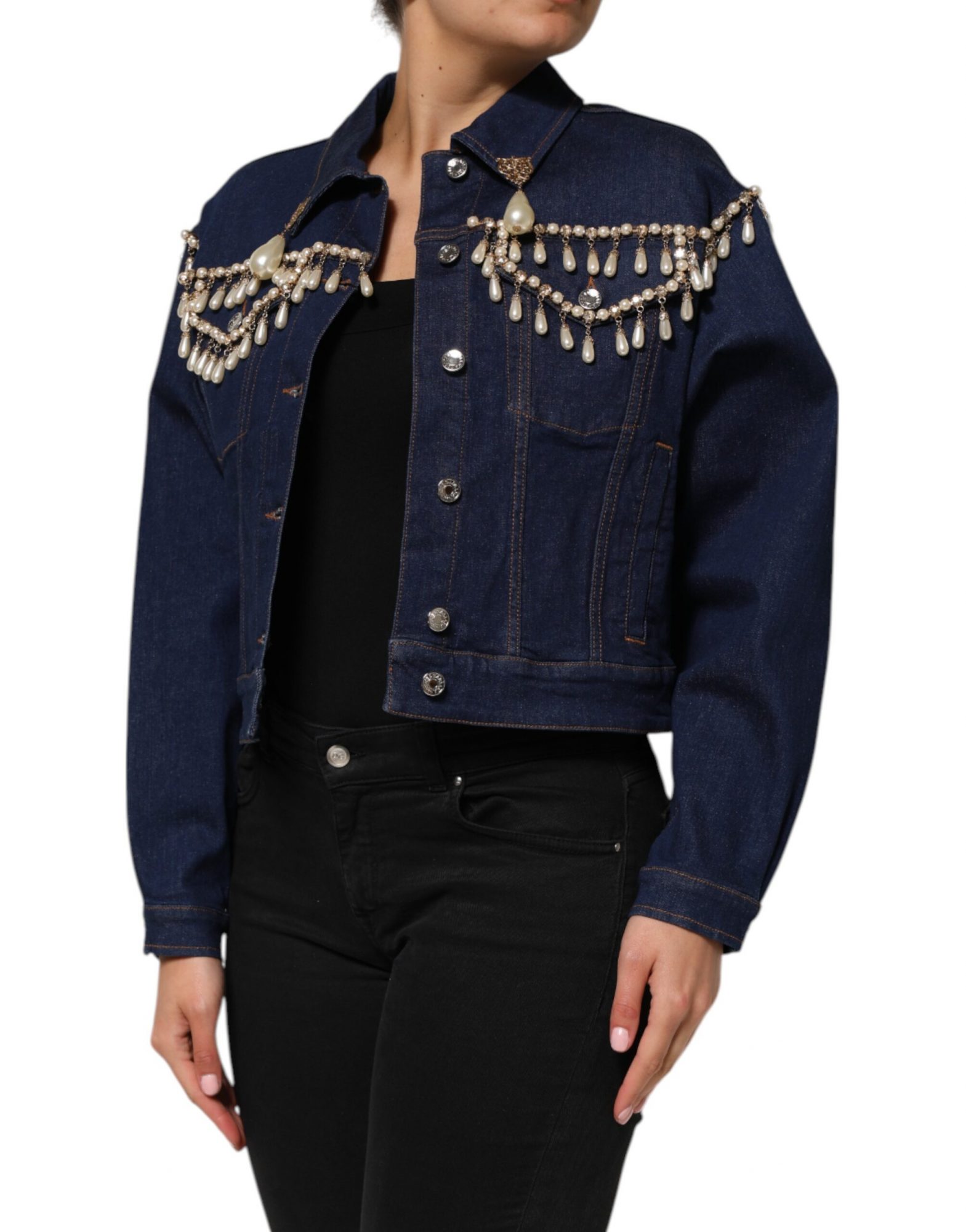 Dolce & Gabbana Blaue Baumwoll-Denim-Jacke mit Kristallverzierung – Bild 3