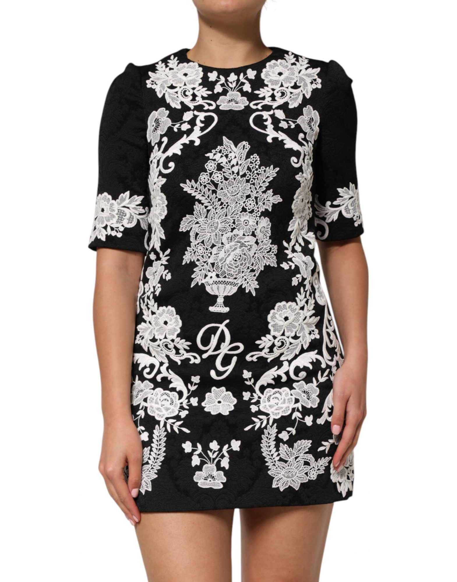 Dolce & Gabbana Schwarzes Kleid mit kurzen Ärmeln und Spitzenbesatz in A-Linie