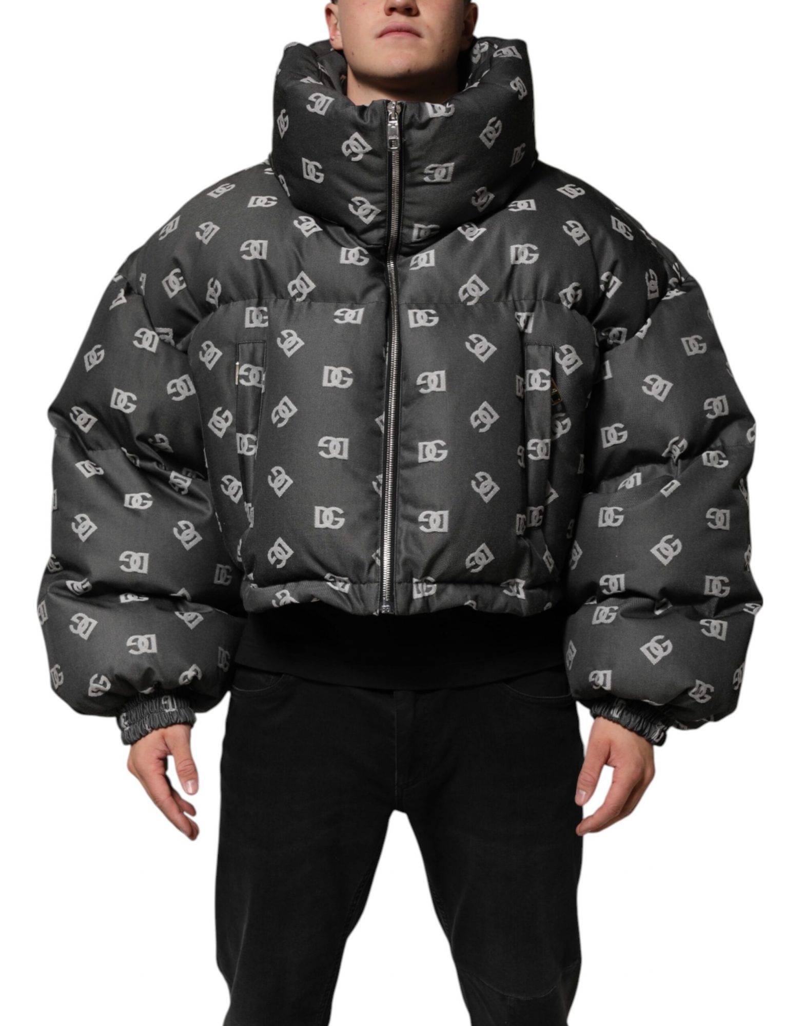 Dolce & Gabbana Schwarze DG Monogram Full Zip Pufferjacke für Männer