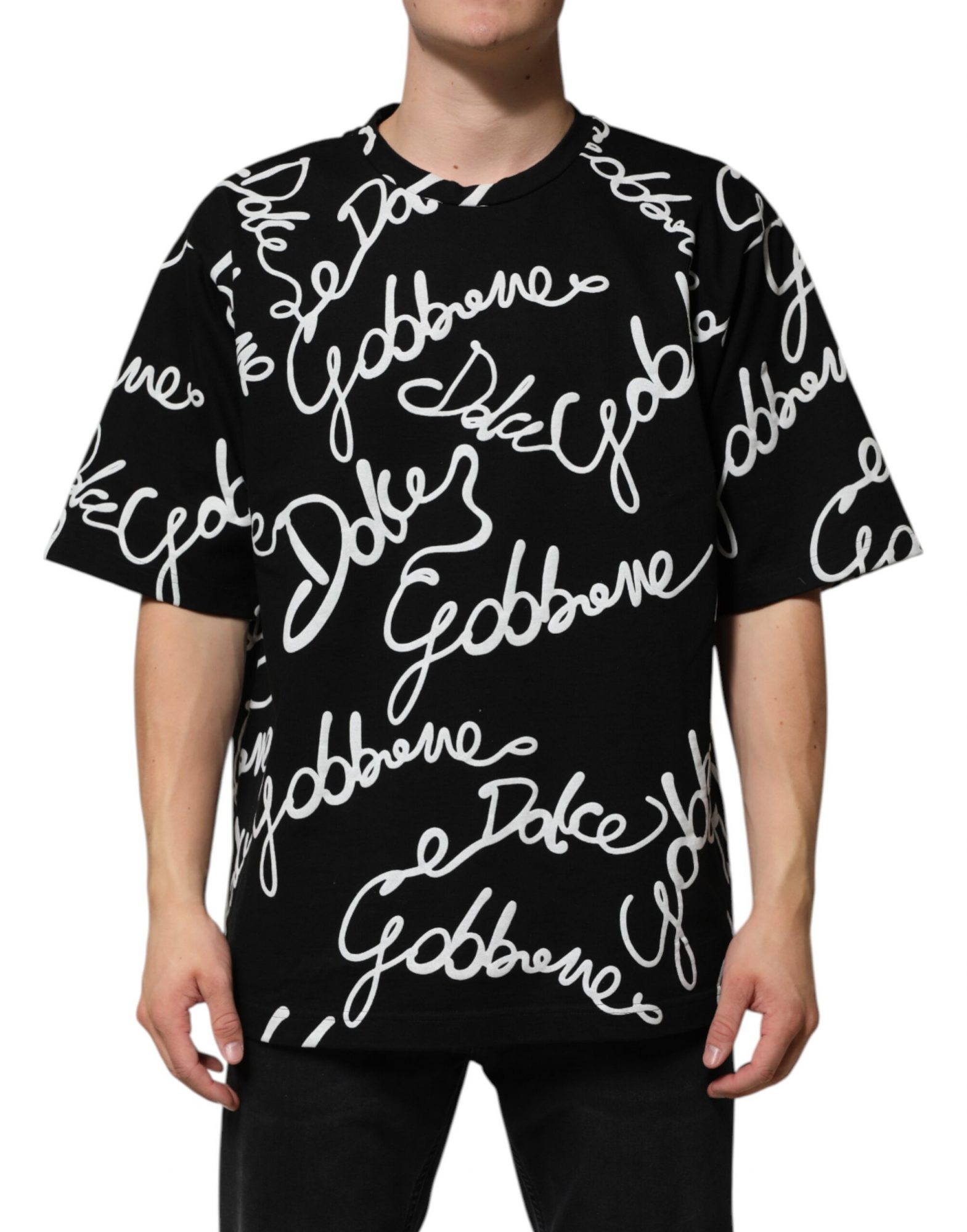 Dolce & Gabbana Schwarzes T-Shirt mit Rundhalsausschnitt und Logodruck aus Baumwolle