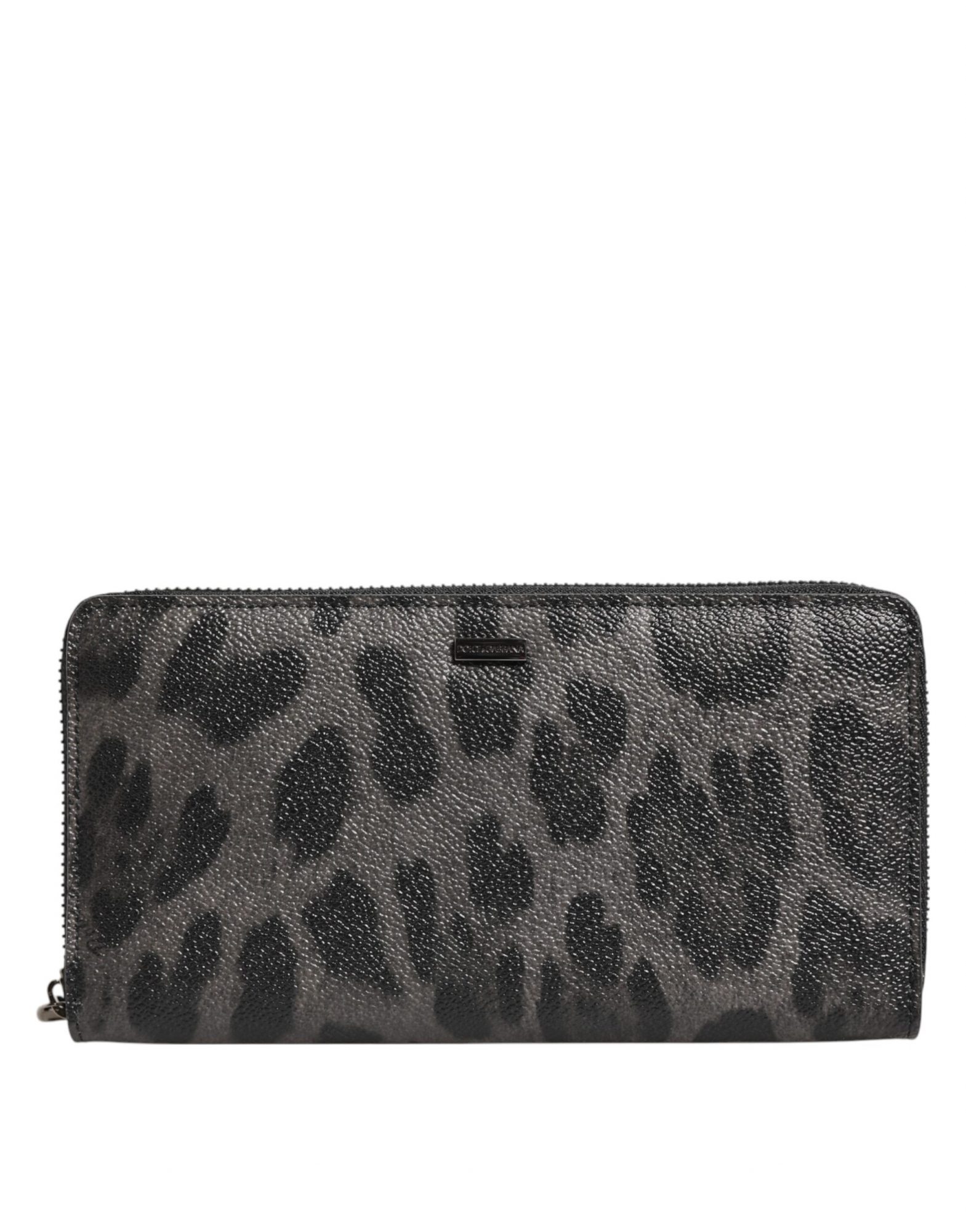 Dolce & Gabbana Schwarzer grauer Leopard Leder Zip Around Continental Geldbörse