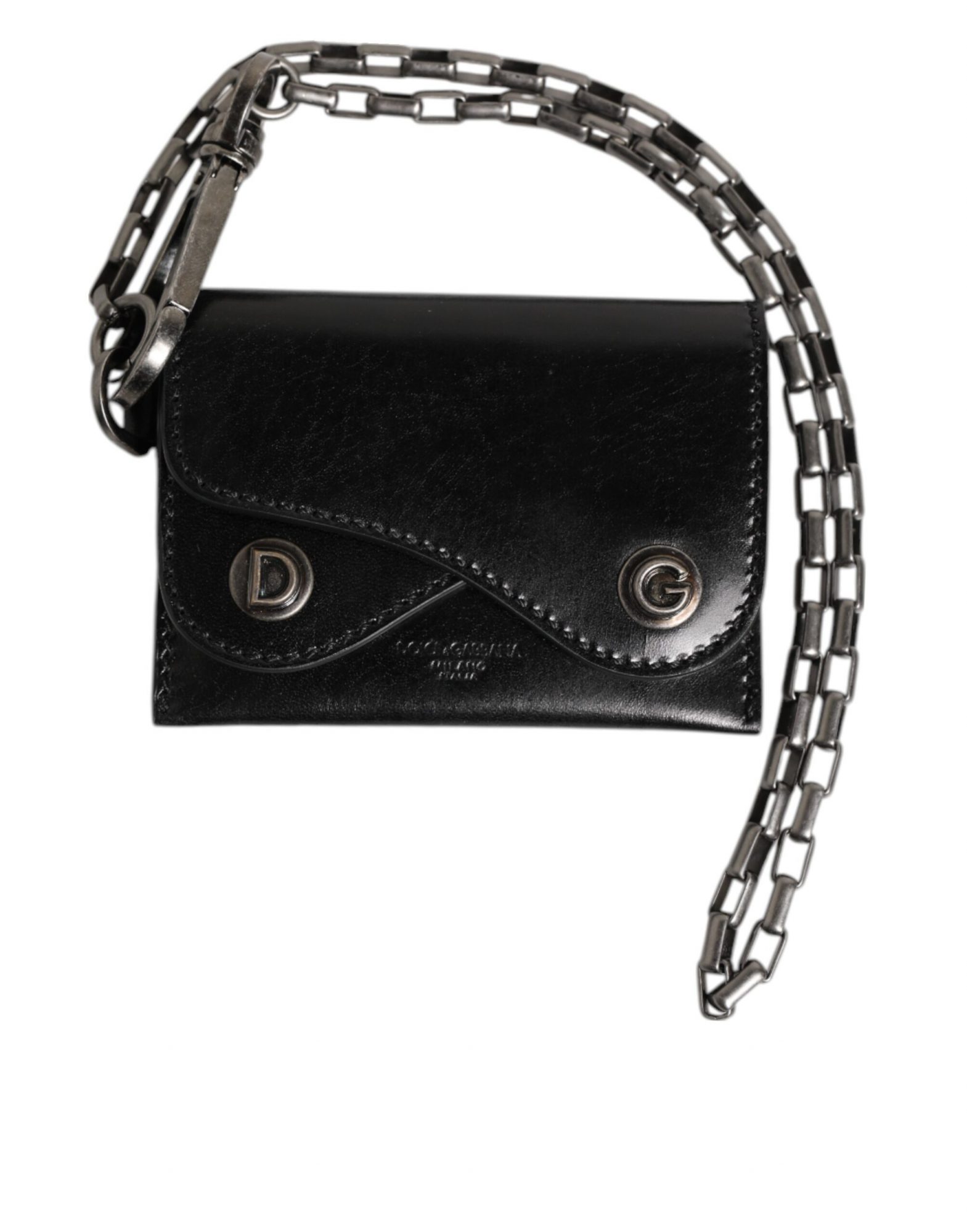 Dolce & Gabbana Schwarzes Cavallo Leder Portemonnaie Kette Snap Bifold Card Holder