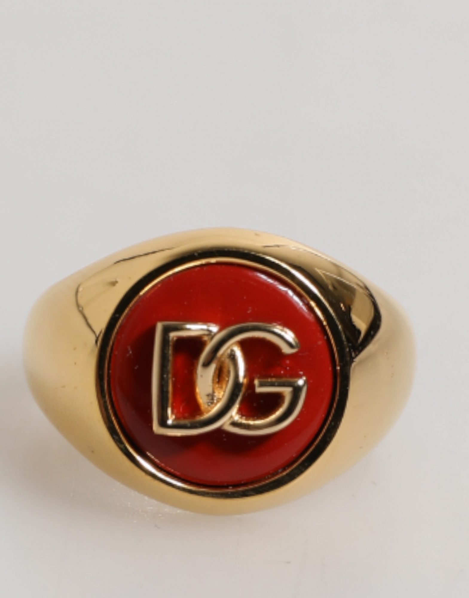 Dolce & Gabbana Gold-Ton Echtmessing Rund Rot DG Logo Männer Ring