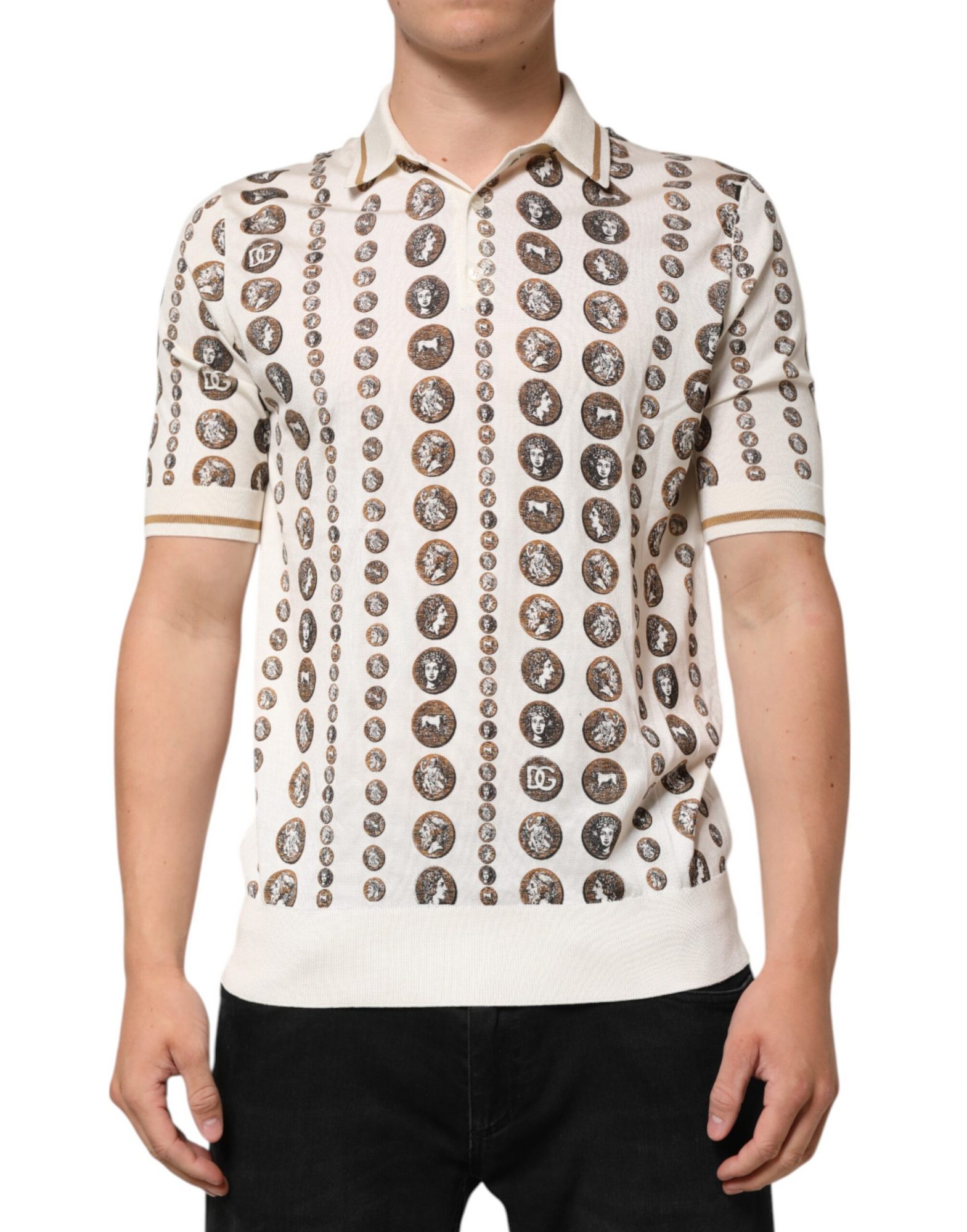 Dolce & Gabbana Elfenbeinfarbenes Seiden-Polo-T-Shirt mit Münzdruck für Männer