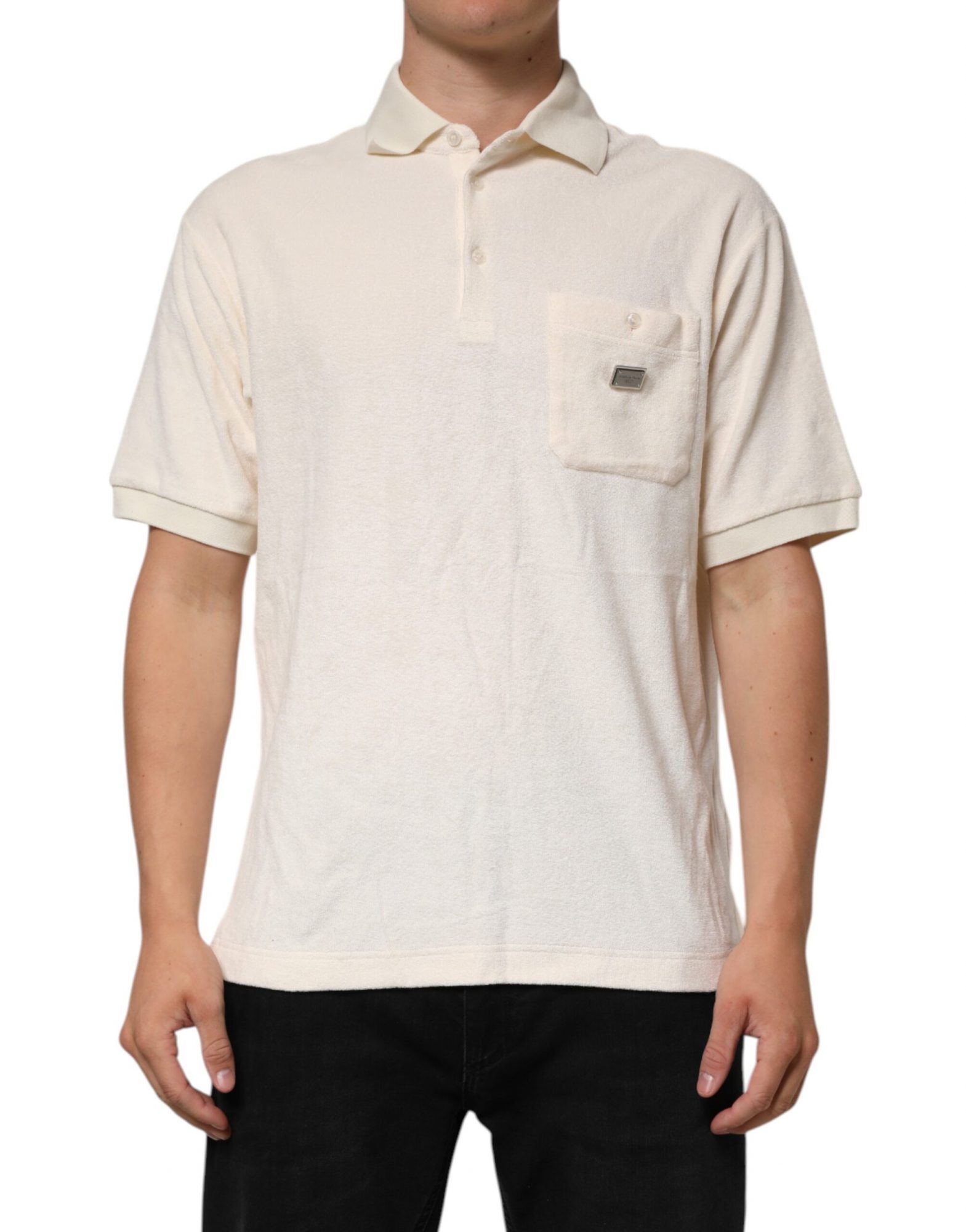 Dolce & Gabbana Elfenbeinfarbenes Logo-Polo-T-Shirt aus Baumwollfrottee