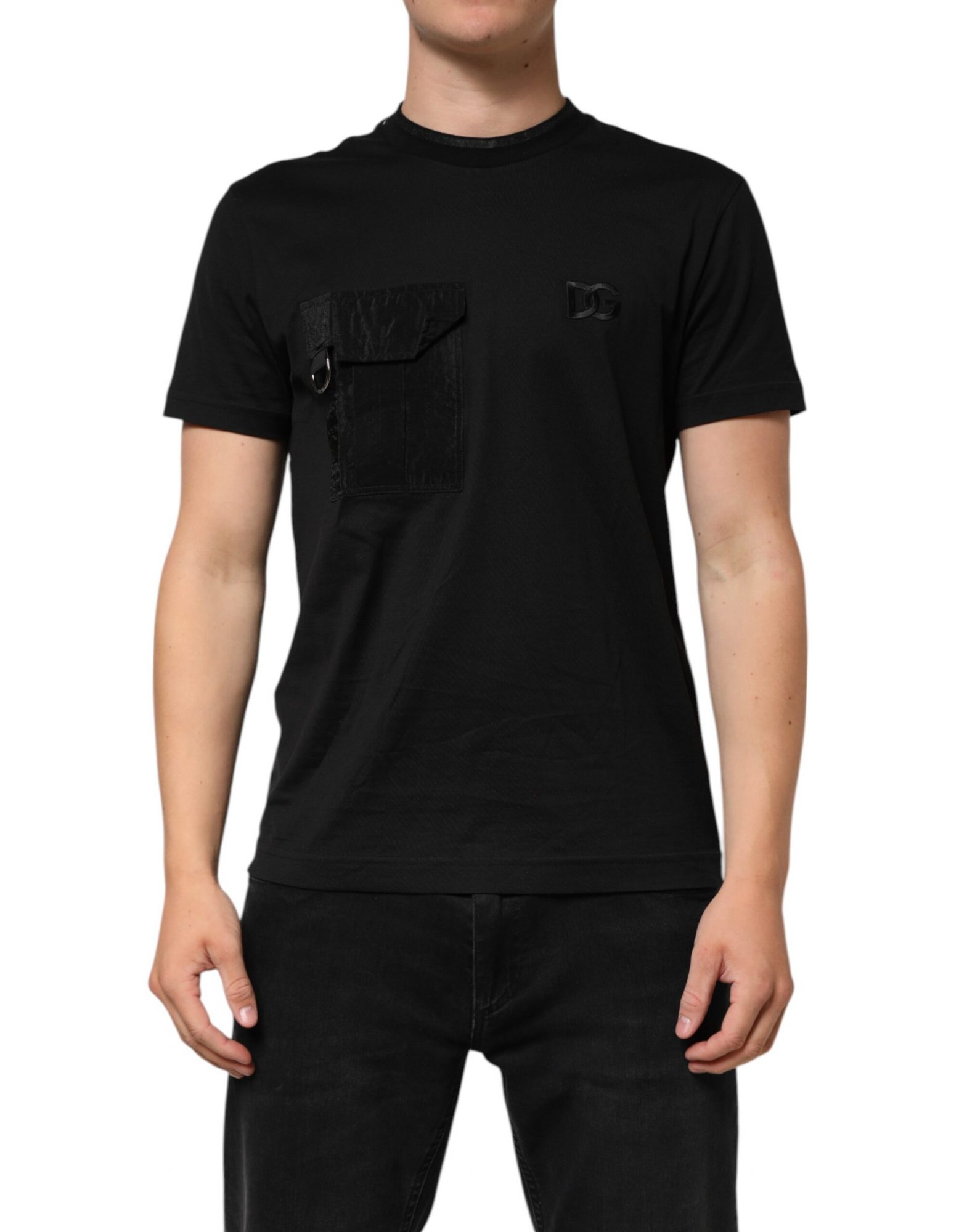 Dolce & Gabbana Schwarzes Baumwoll-T-Shirt mit gesticktem DG-Logo in der Tasche
