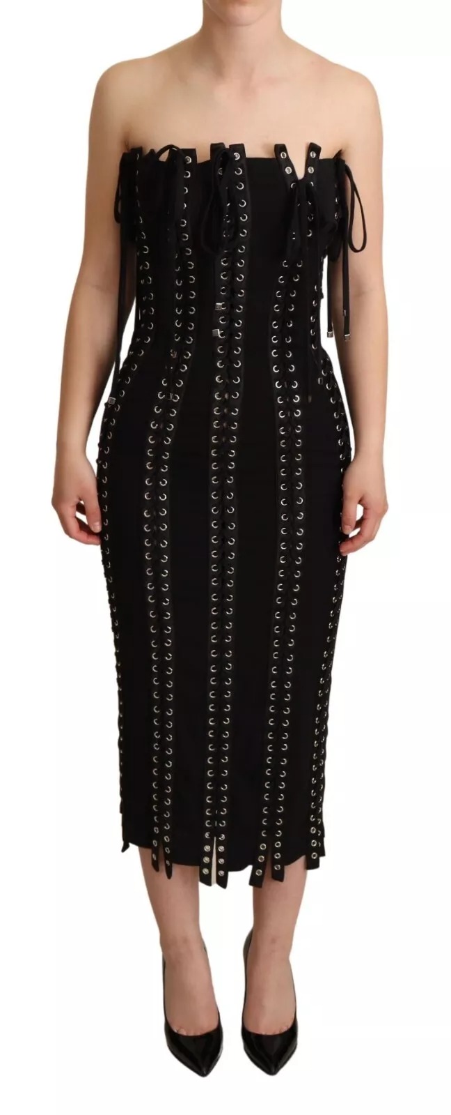 Dolce & Gabbana Schwarzes ärmelloses Bodycon-Kleid aus Cady mit Spitze