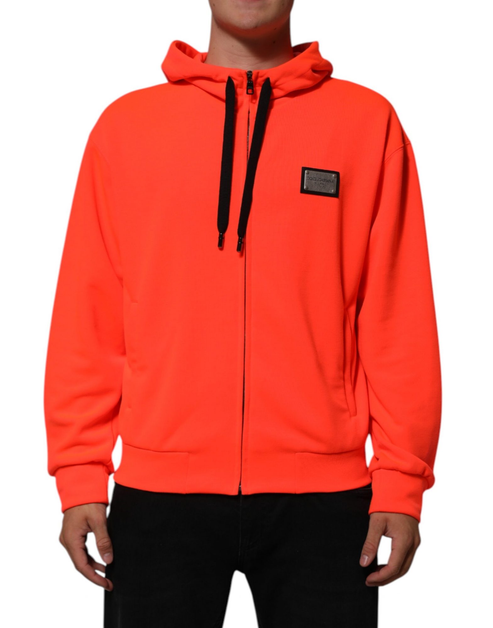 Dolce & Gabbana Roter fluoreszierender Polyester-Logo-Patch-Kapuzenpullover – Bild 2