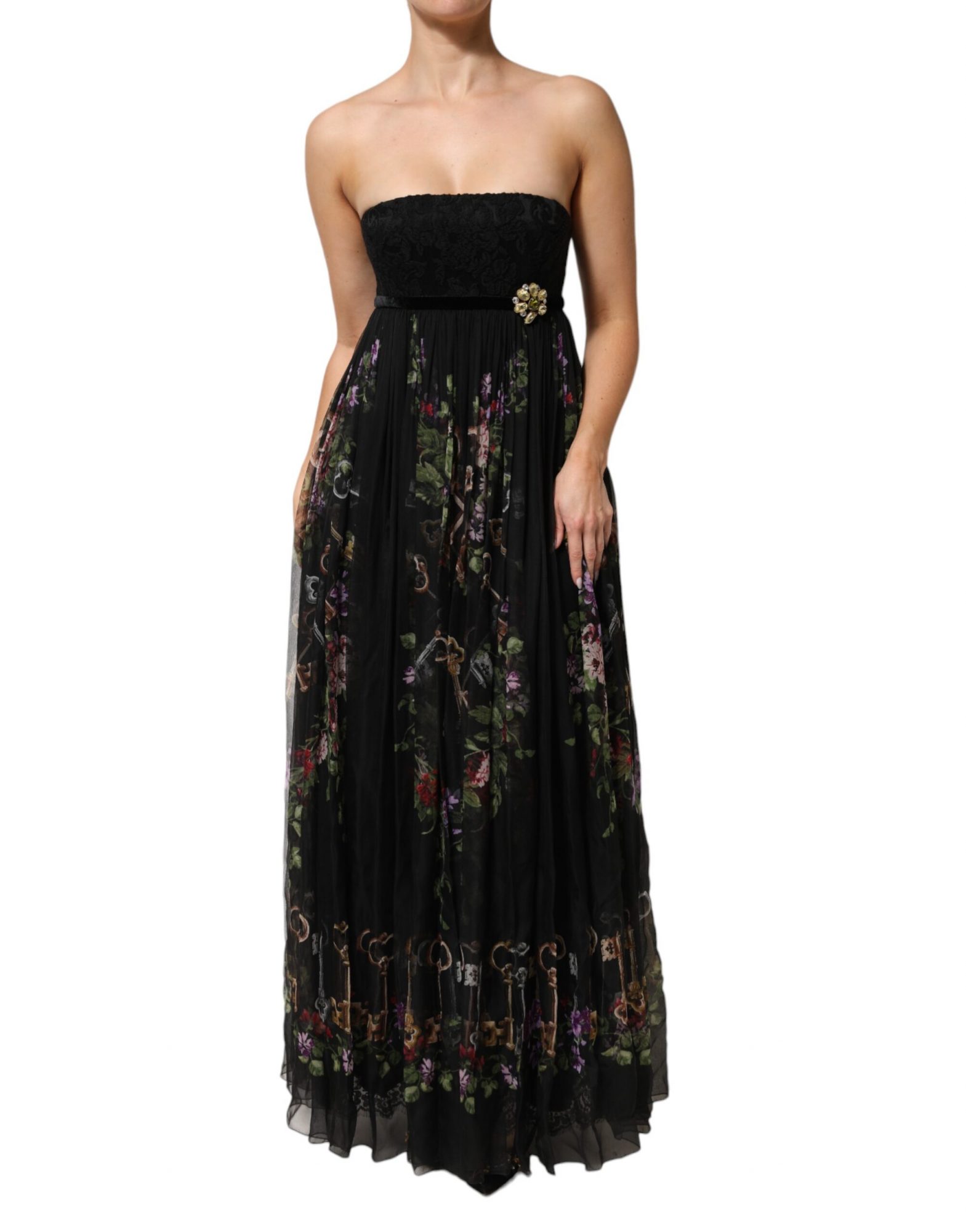 Dolce & Gabbana Schwarzes trägerloses Kleid mit Blumenmuster und Kristall
