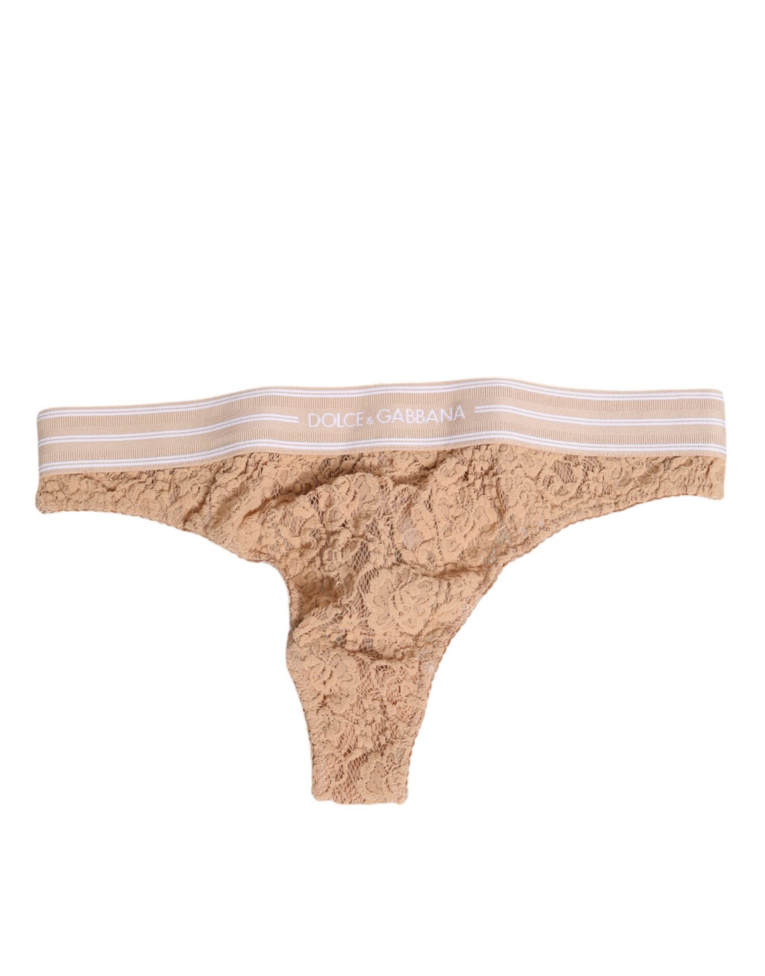 Dolce & Gabbana Beige Spitze Logo Elastische Taille Tanga Unterwäsche