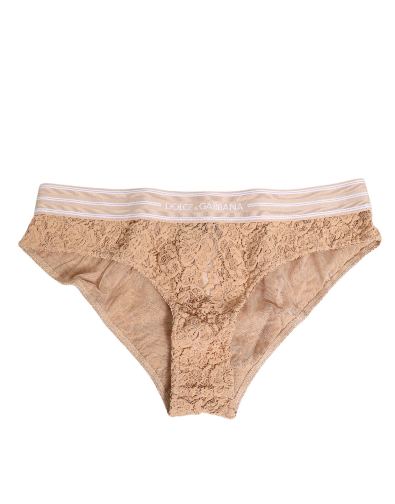 Dolce & Gabbana Beige Spitze Brasiliano Slip Logo-Bund Unterwäsche