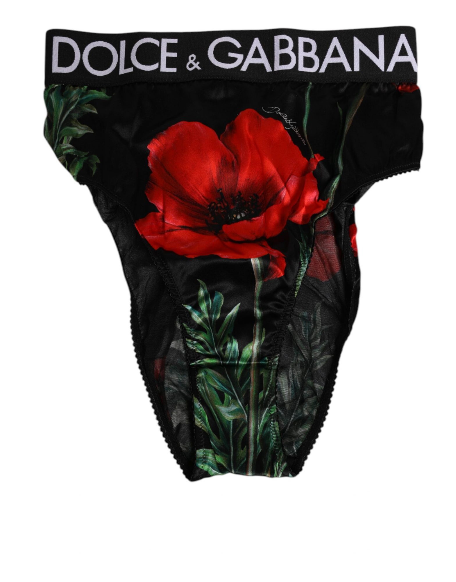 Dolce & Gabbana Schwarze Floral Print High Waist Sheer Mesh Unterwäsche